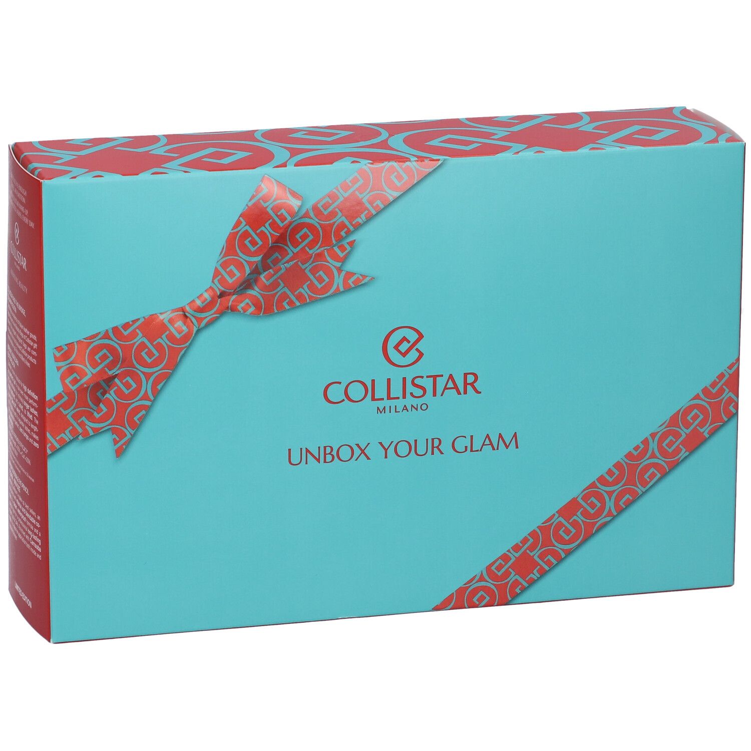 Scatola regalo turchese con fiocco rosso e logo. Scritta: Collistar Milano, UNBOX YOUR GLAM.