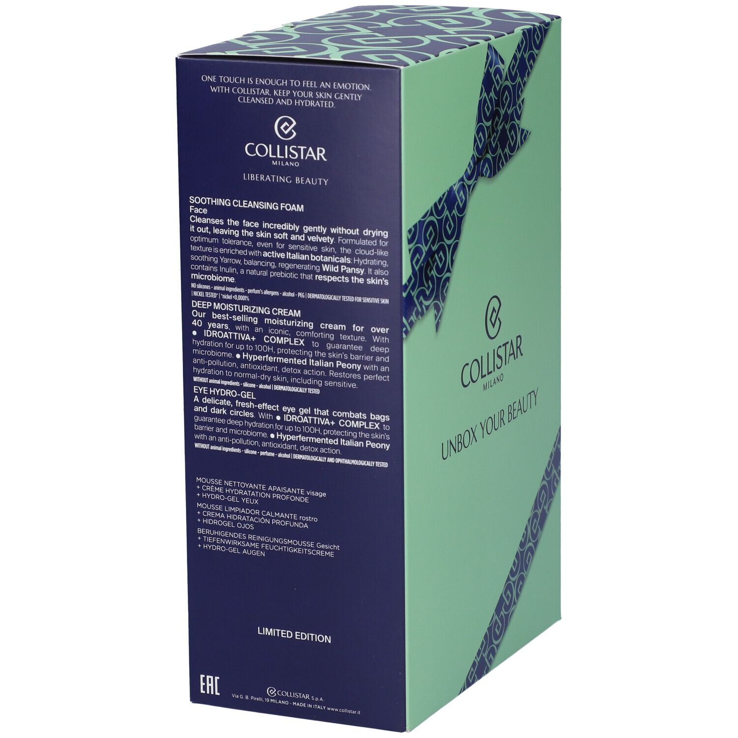Confezione regalo verde chiaro con motivo fiocco blu. Testo laterale: Collistar, ingredienti, edizione limitata.