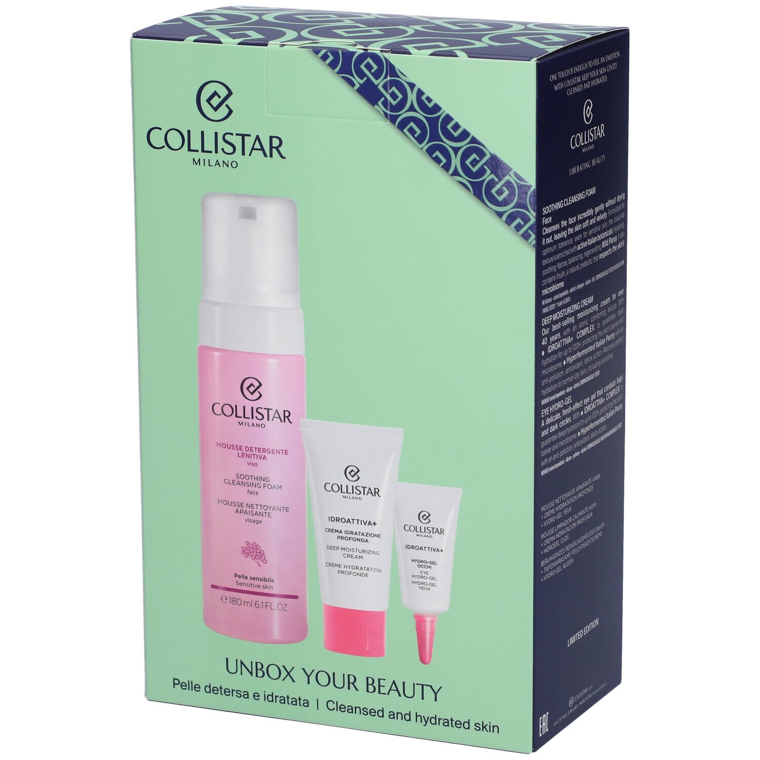 Confezione regalo con tre prodotti: mousse detergente, crema, hydro-gel. Scritta: Collistar, Unbox Your Beauty.