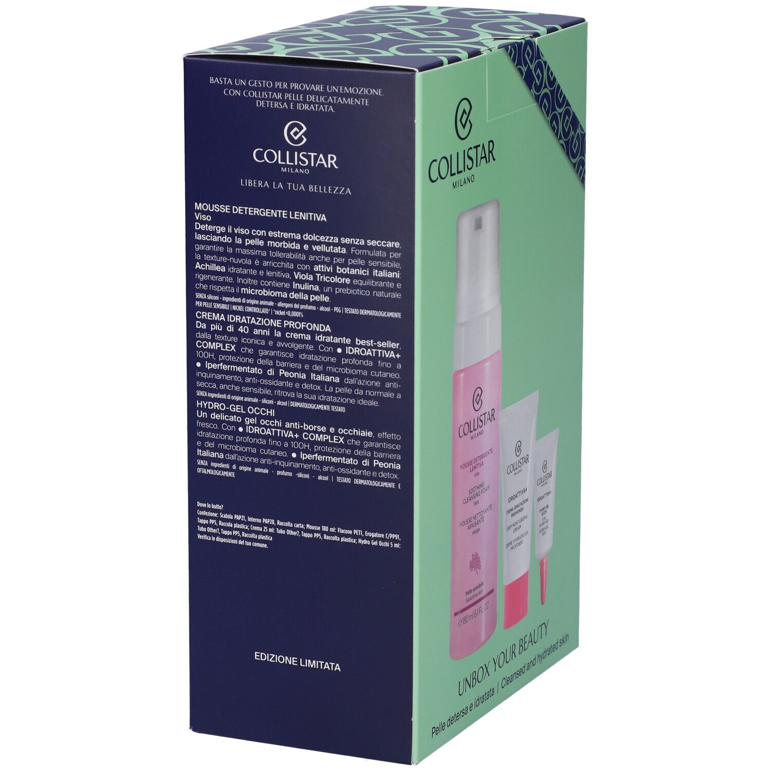 Confezione regalo con tre prodotti: mousse detergente, crema, hydro-gel. Scritta: Collistar, edizione limitata.