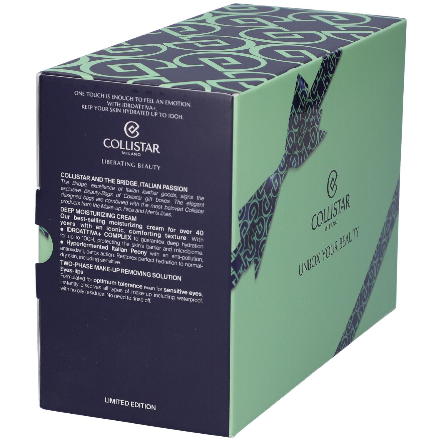 Scatola regalo verde chiaro con motivo blu. Testo e logo 'COLLISTAR MILANO'. Testo 'EDIZIONE LIMITATA'.