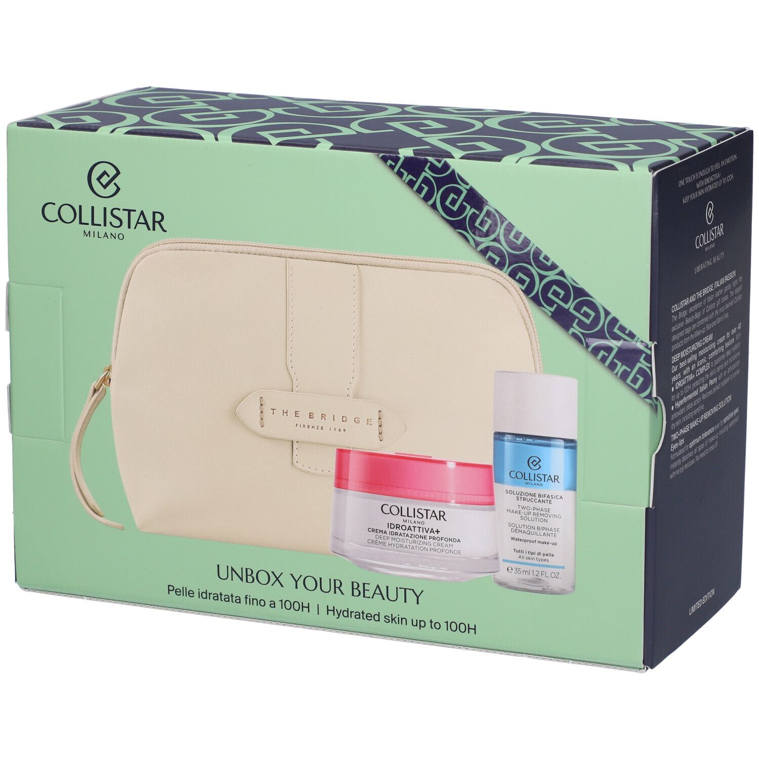 Confezione regalo con prodotti cosmetici. Pochette beige, crema e flacone struccante.