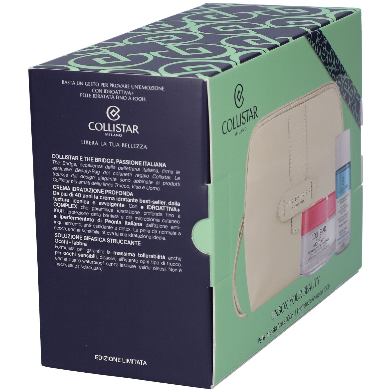 Confezione regalo con prodotti cosmetici. Pochette beige, crema e flacone struccante.