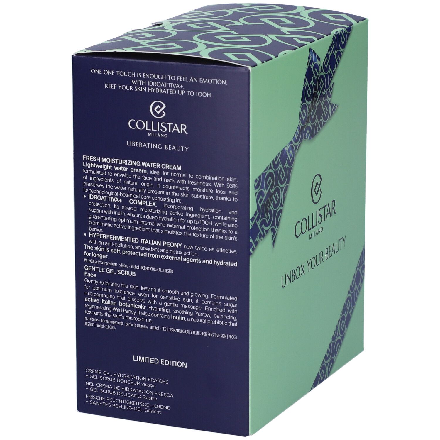 Scatola verde chiaro con testo e logo: Collistar Milano, Unbox Your Beauty. Testo sull'idratazione.
