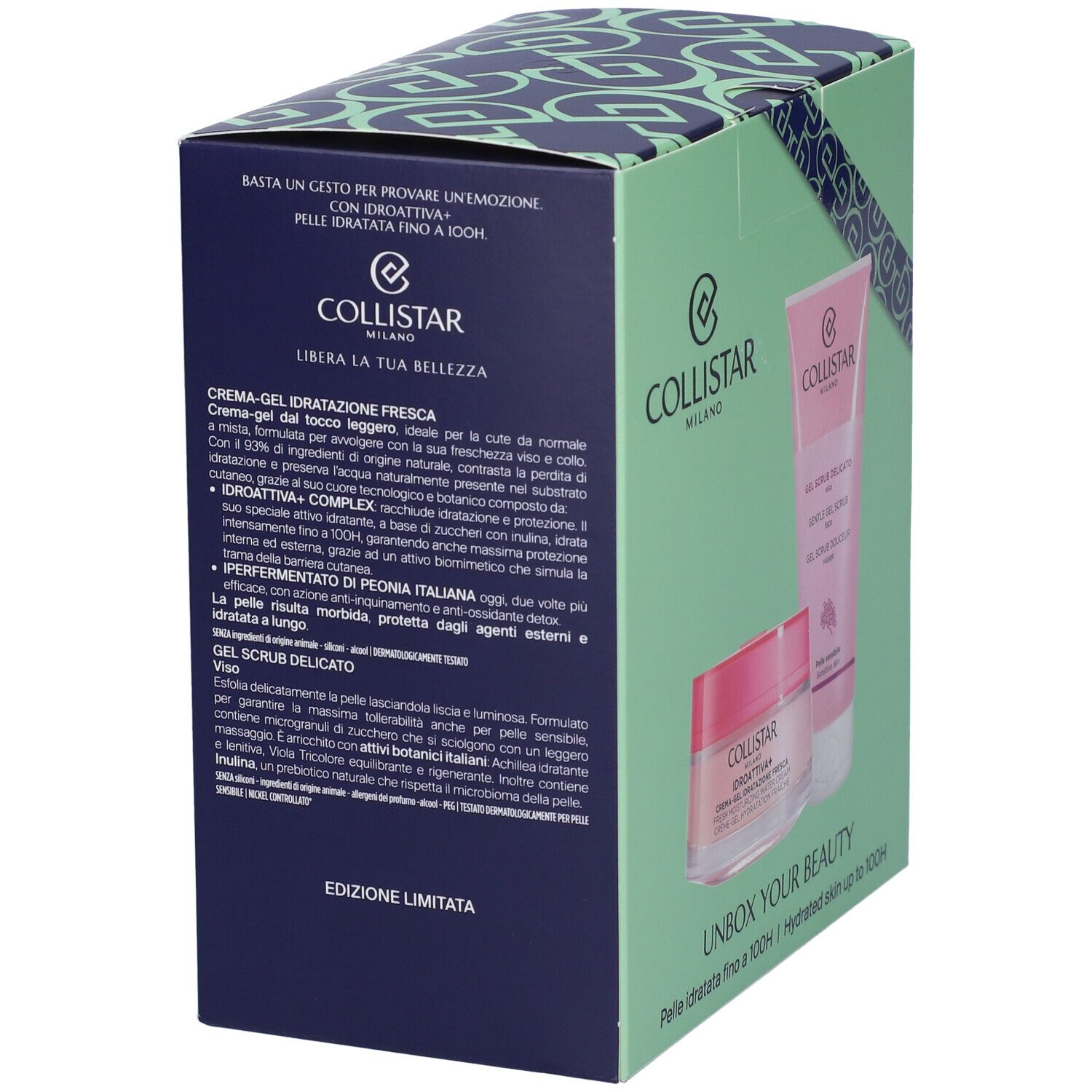 Scatola verde chiaro con due prodotti rosa. Logo: Collistar Milano. Scritta: Unbox Your Beauty. Testo sui prodotti.