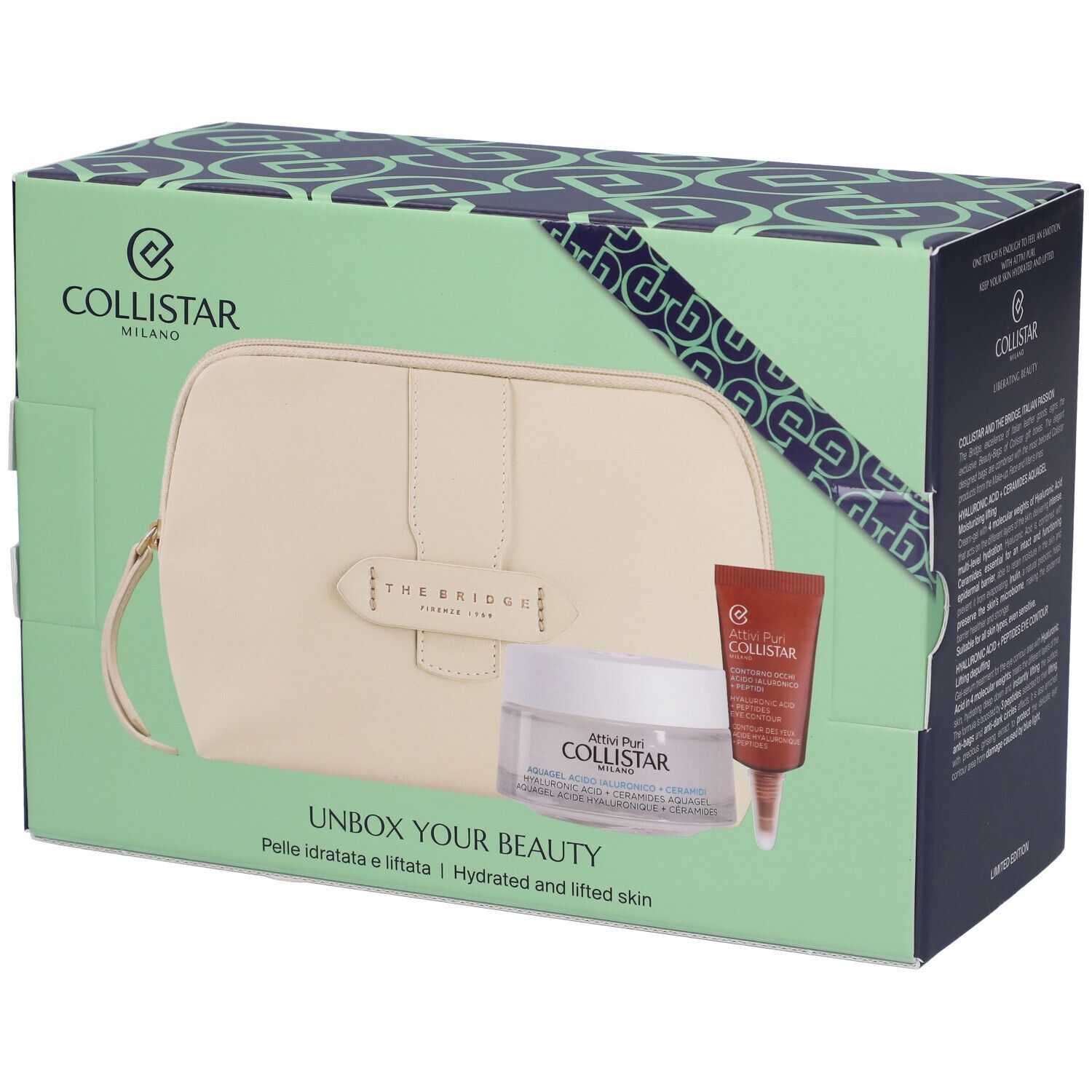 Cofanetto con prodotti cosmetici. Contiene pochette beige, crema e contorno occhi.