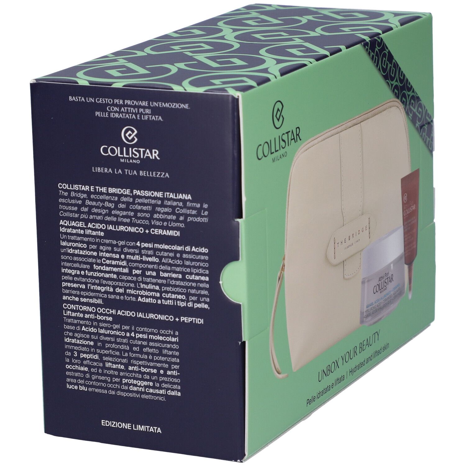 Cofanetto con prodotti cosmetici. Contiene pochette beige, crema e contorno occhi. Testo.