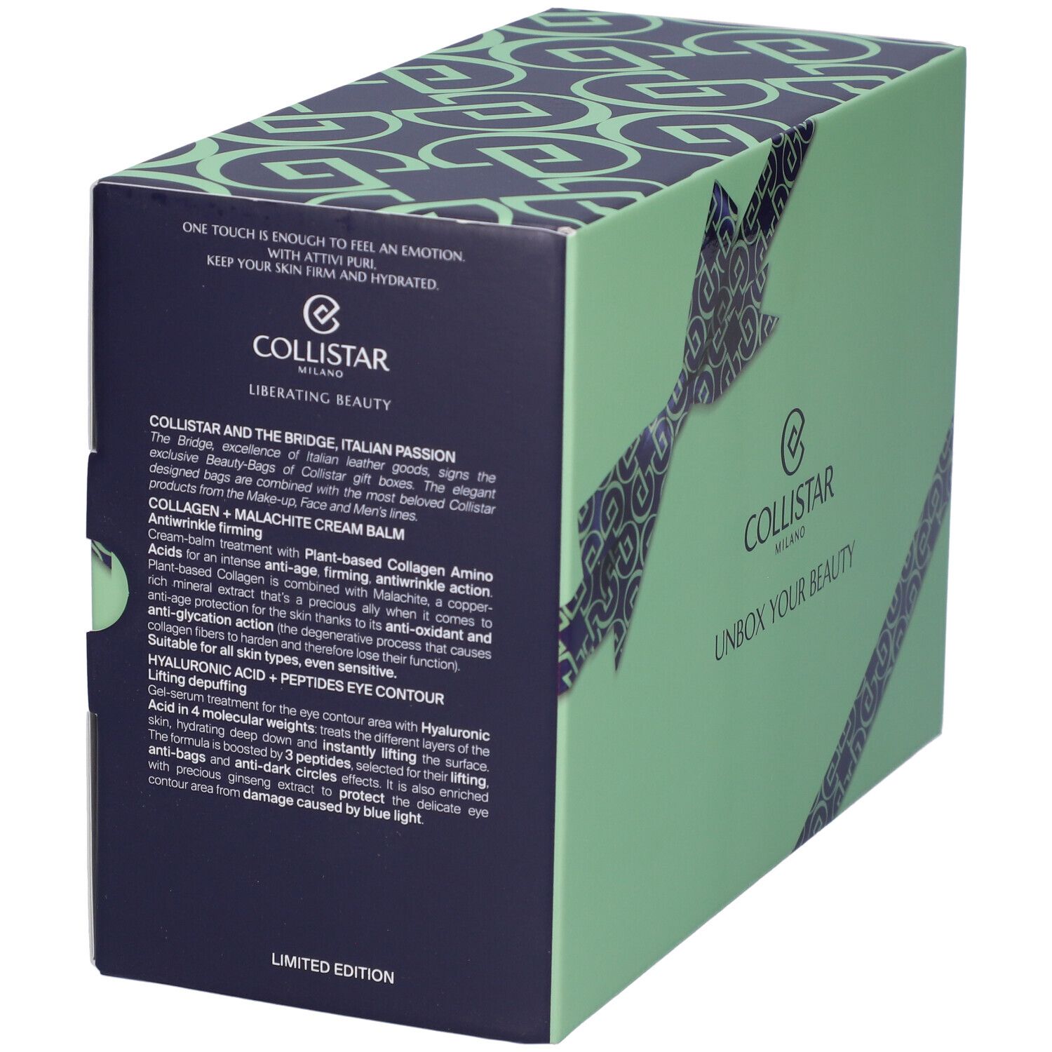 Confezione regalo con testo e prodotti. Scritta: Collistar, Unbox Your Beauty. Prodotti: crema, crema occhi.