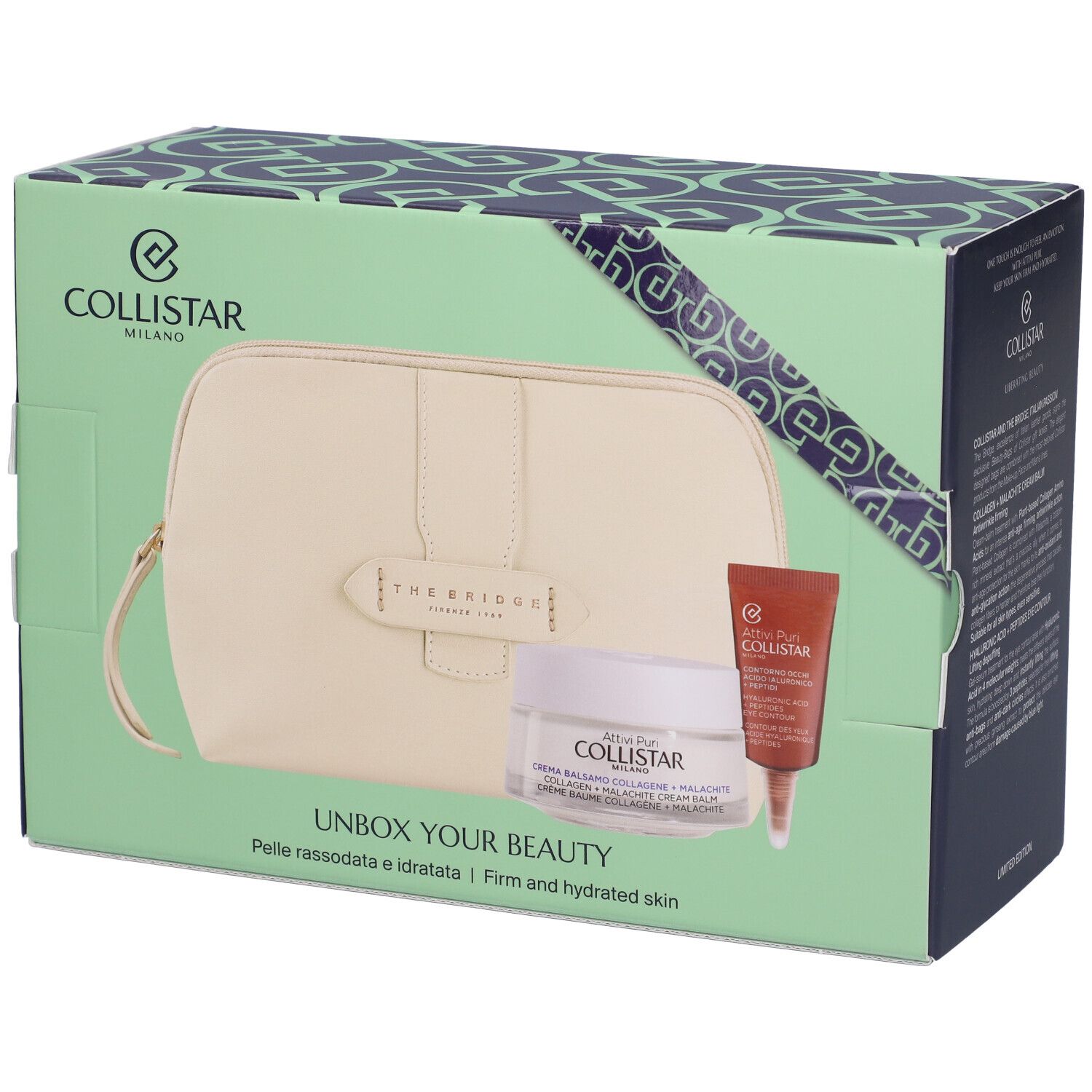 Confezione regalo con cosmetici e pochette. Prodotti: crema, crema occhi, pochette. Scritta: Collistar, Unbox Your Beauty.
