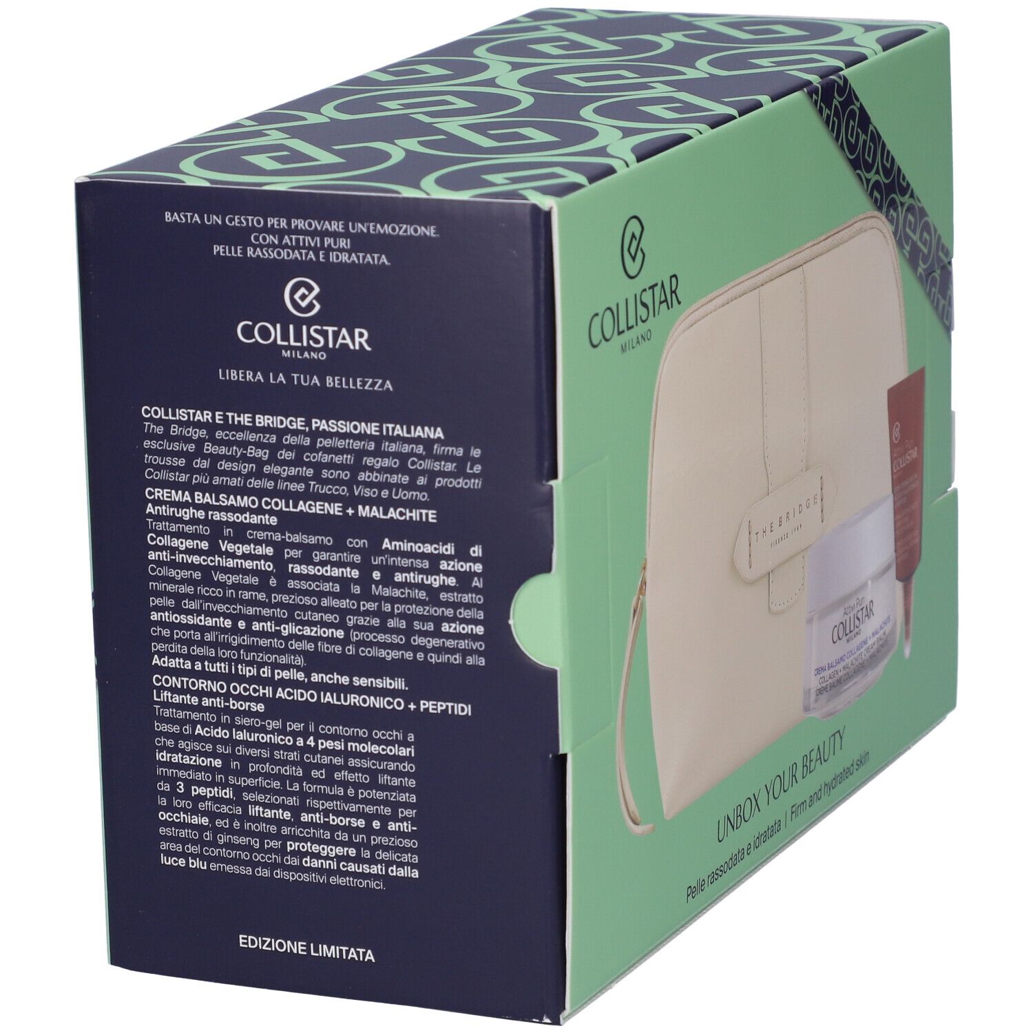 Confezione regalo con prodotti e pochette. Prodotti: crema, crema occhi, pochette. Scritta: Collistar, Unbox Your Beauty. Testo.