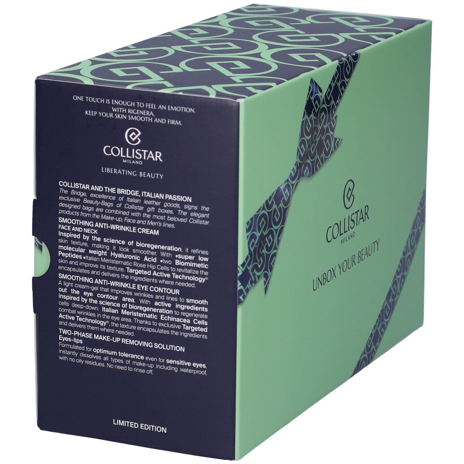 Scatola regalo verde con nastro blu. Testo: Collistar, Unbox Your Beauty. Testo laterale.