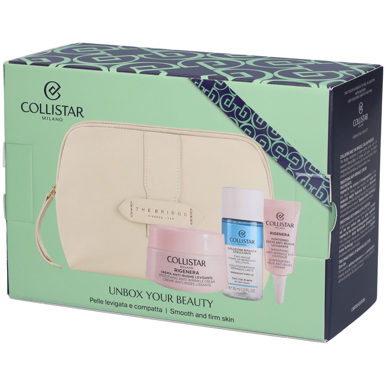 Scatola regalo con cosmetici e trousse crema. Scritta: Collistar.
