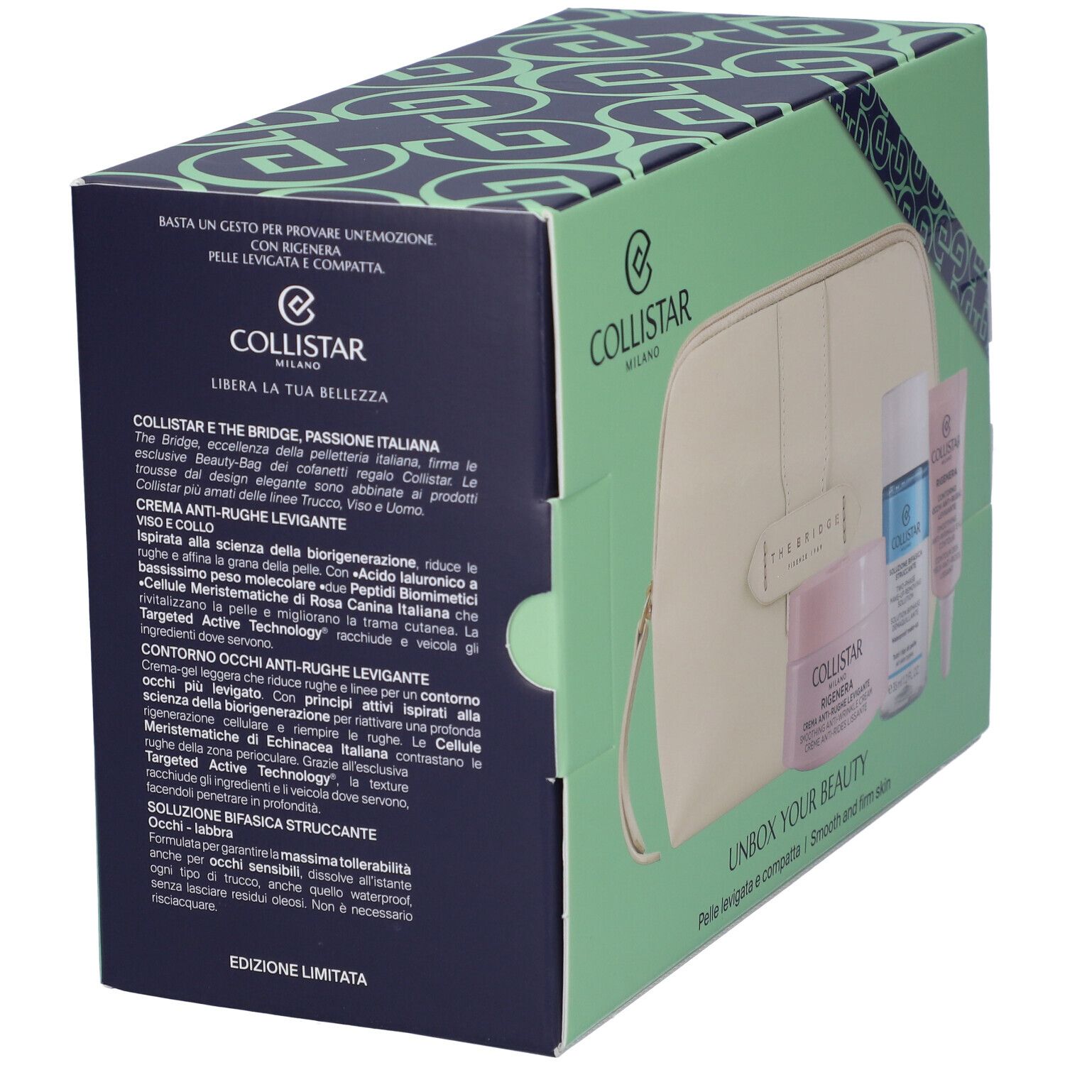 Scatola regalo con cosmetici e trousse. Testo: Collistar, Unbox Your Beauty.