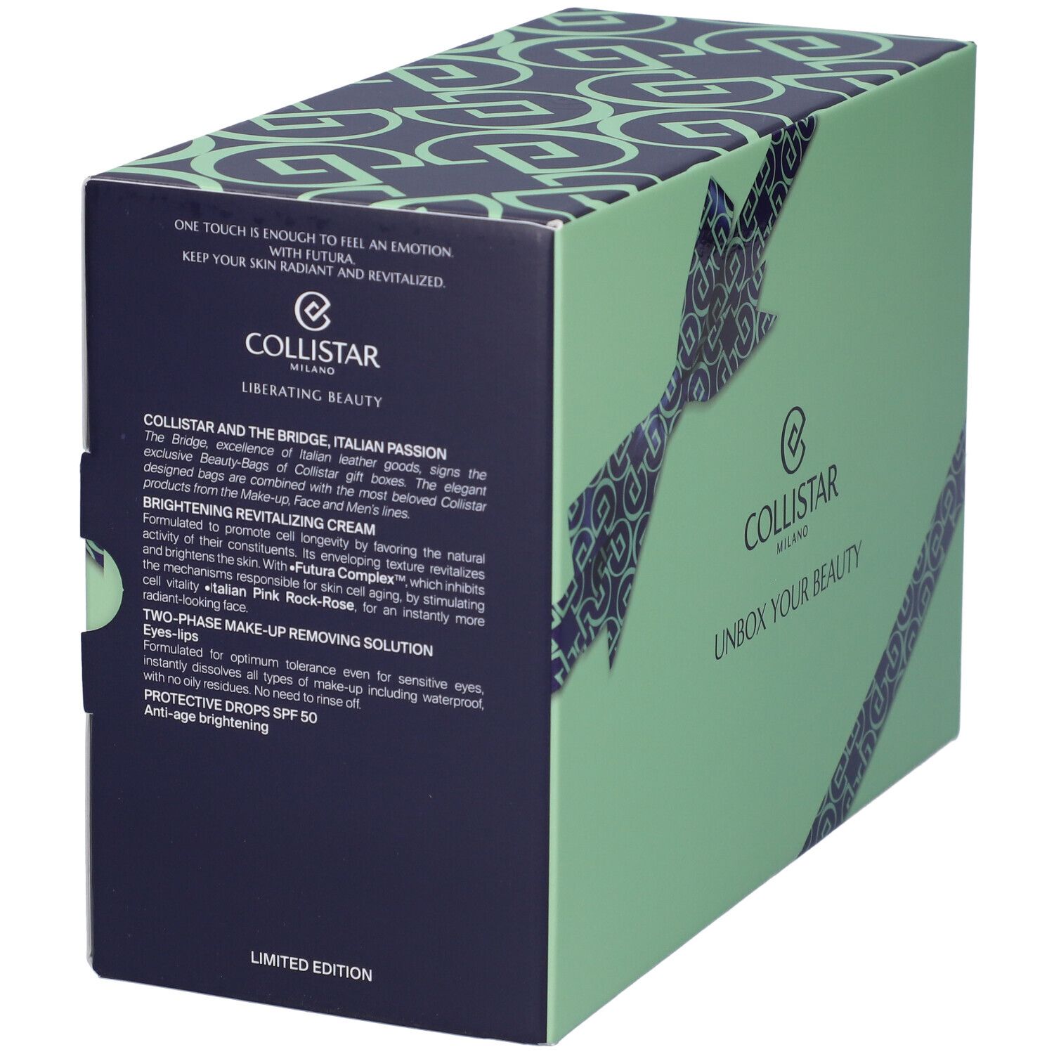 Scatola regalo con testo. Scritta: COLLISTAR MILANO, UNBOX YOUR BEAUTY. Contiene descrizioni dei prodotti e logo.