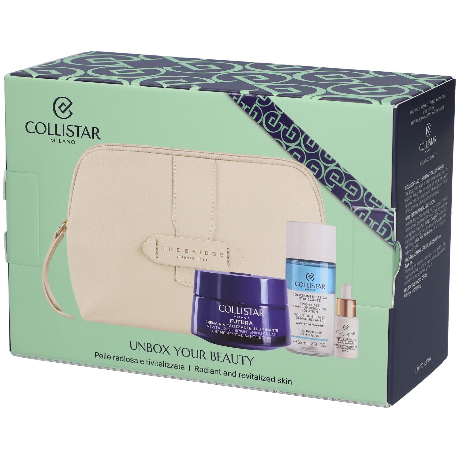 Set regalo con prodotti cosmetici e pochette. Contiene crema, struccante e gocce. Scritta: COLLISTAR.