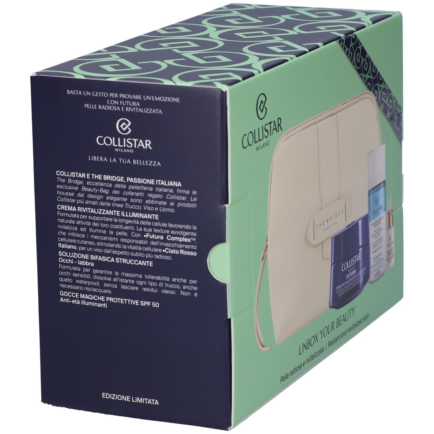 Scatola regalo con prodotti cosmetici e pochette. Scritta: COLLISTAR MILANO, UNBOX YOUR BEAUTY. Contiene prodotti.