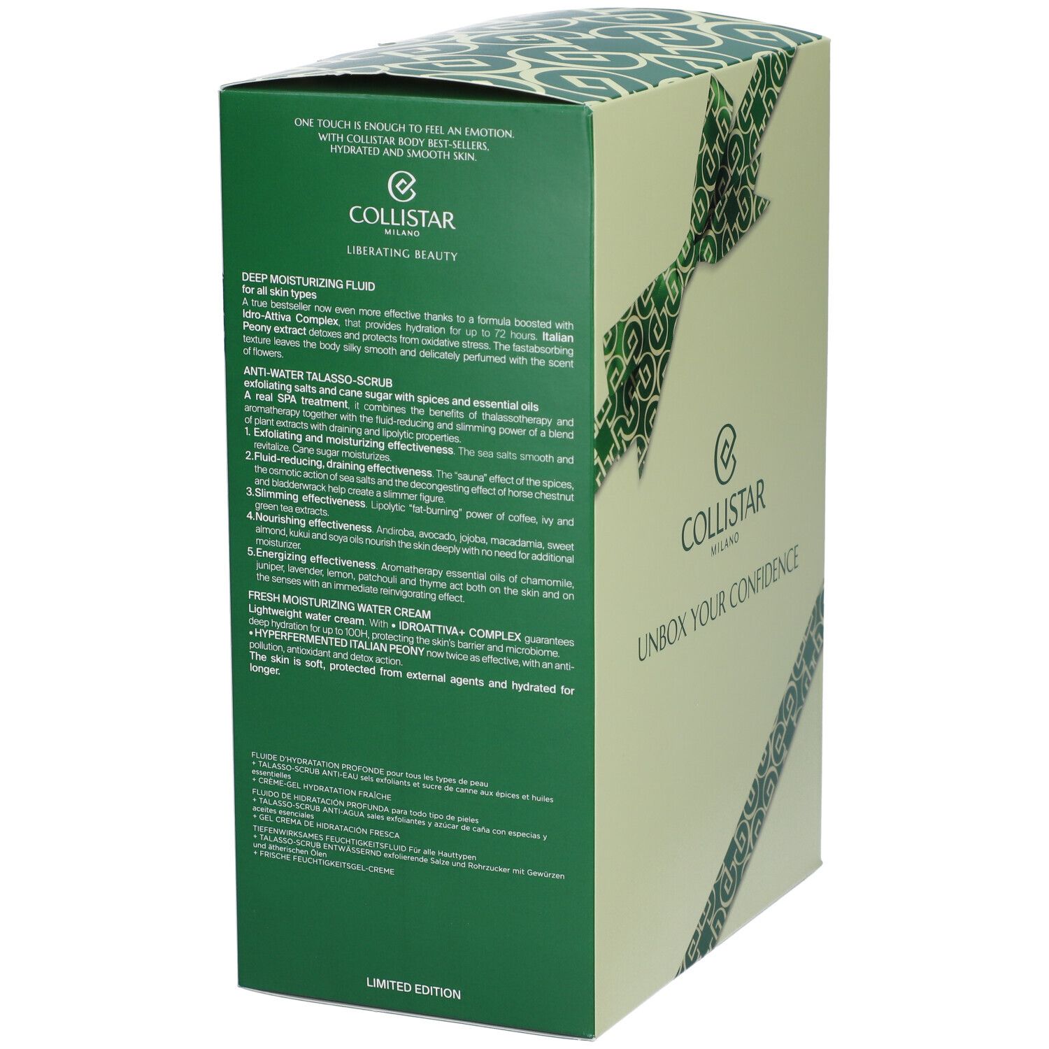 Confezione regalo, lato verde con testo. Logo: Collistar Milano. Testo: Deep Moisturizing Fluid, Anti-Water Talasso Scrub, Fresh Moisturizing Water Cream.