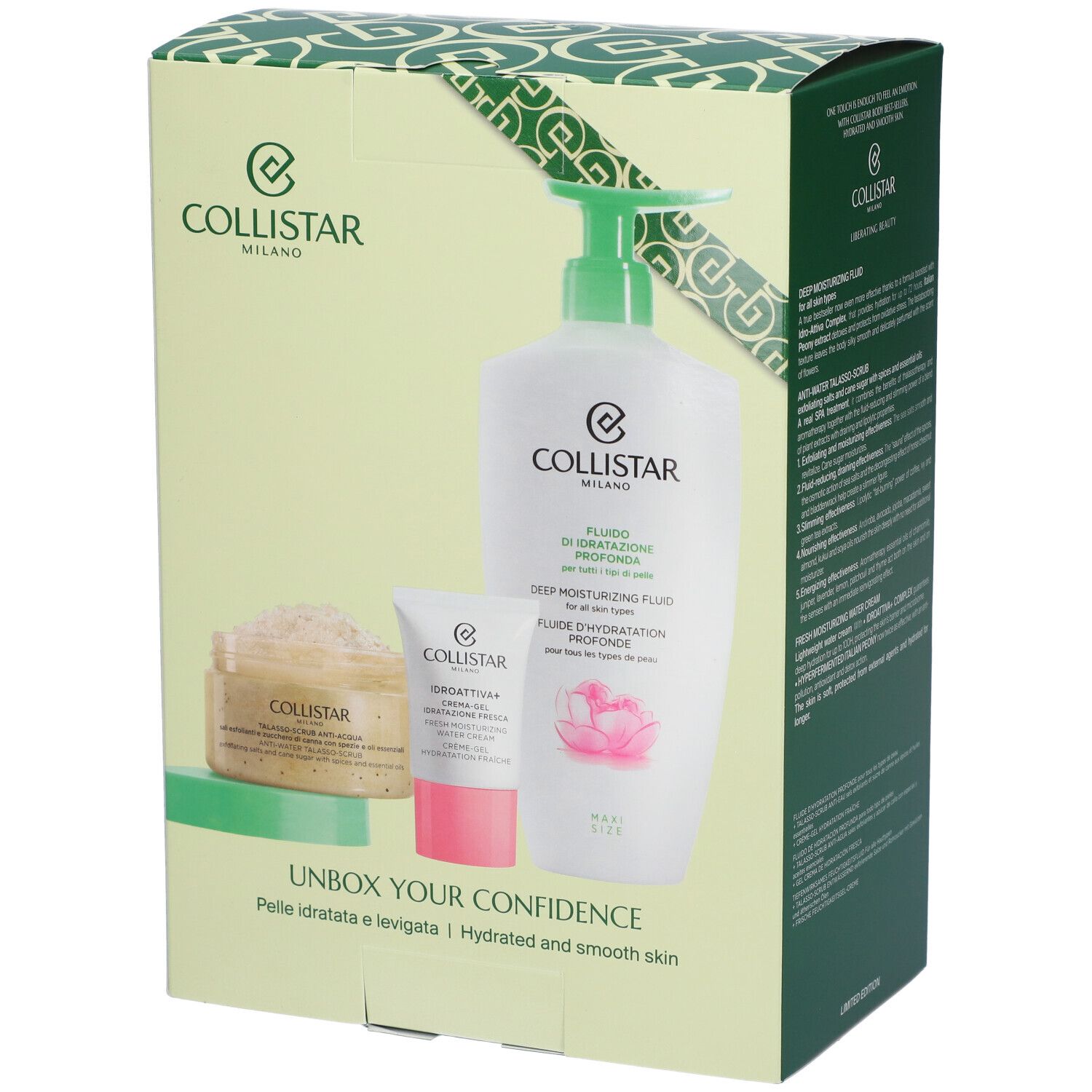 Confezione regalo con prodotti. Contiene: Deep Moisturizing Fluid, Talasso Scrub e crema. Logo: Collistar Milano.