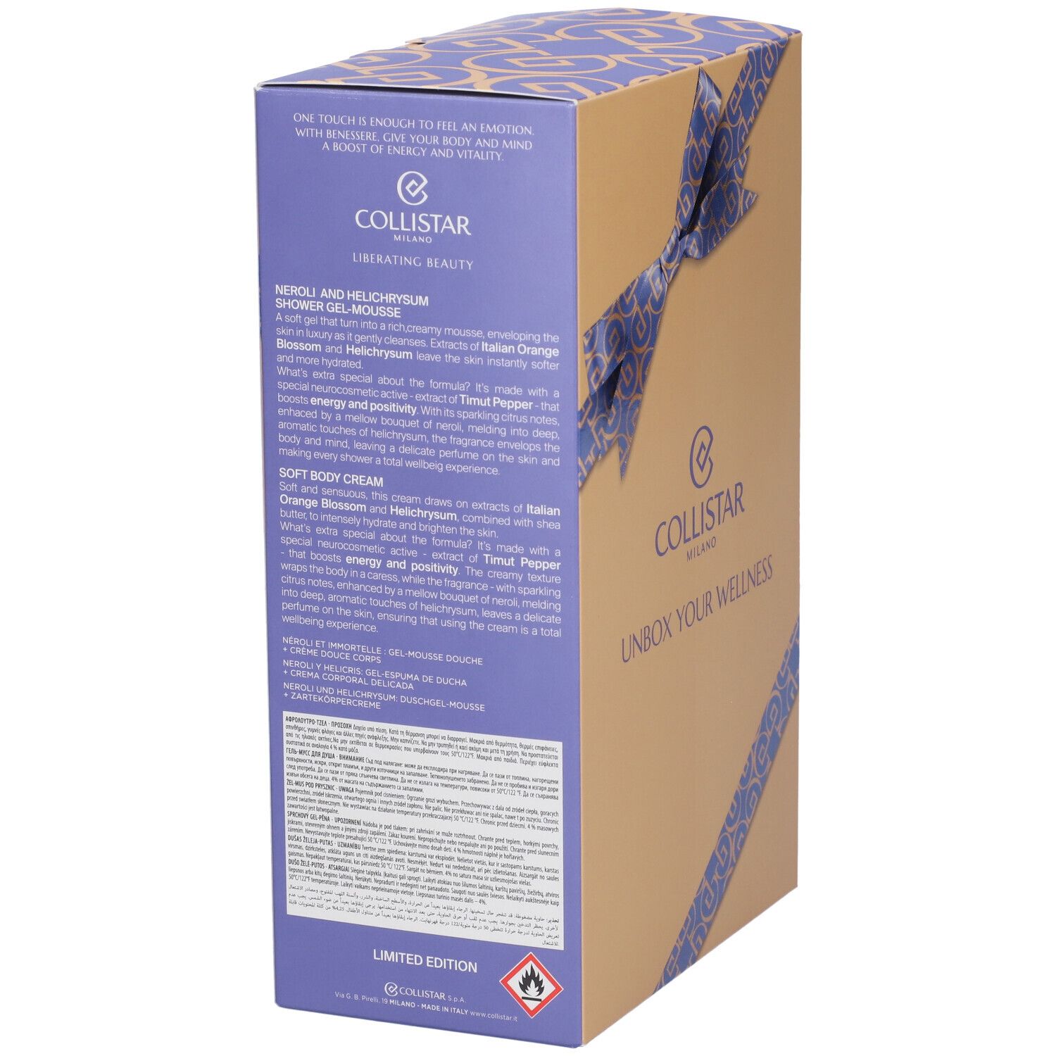 Confezione regalo, lato con testo. Marchio Collistar, scritta "Unbox Your Wellness". Beige e blu. Informazioni sul prodotto.