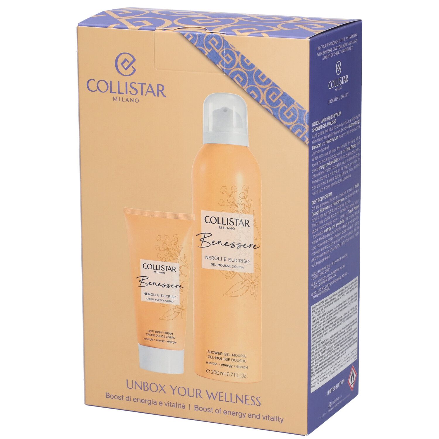 Set regalo con due prodotti. Marchio Collistar. Gel-mousse e crema. Confezione beige e arancione. Testo: "Unbox Your Wellness".