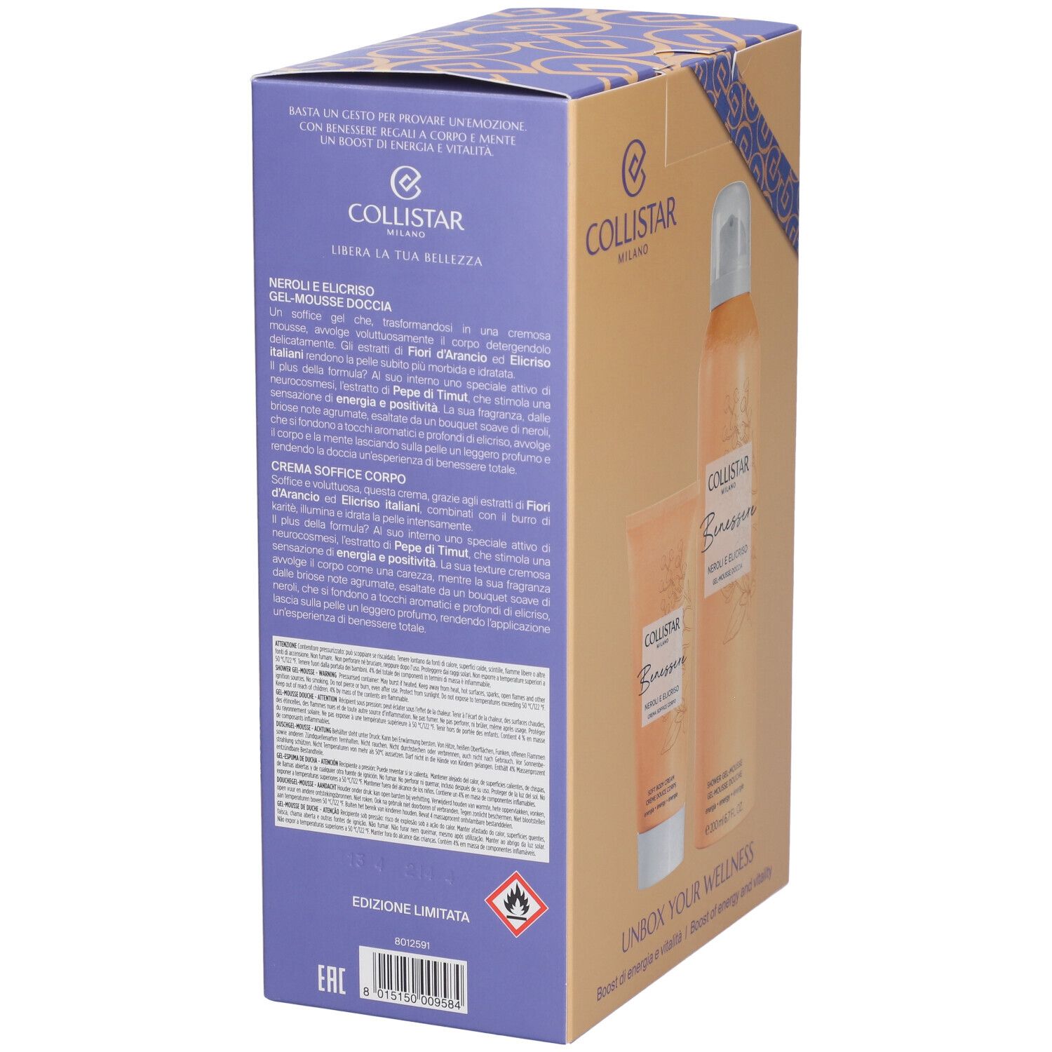 Confezione regalo con prodotti. Marchio Collistar. Gel-mousse e crema. Confezione beige e arancione. Testo: "Unbox Your Wellness".