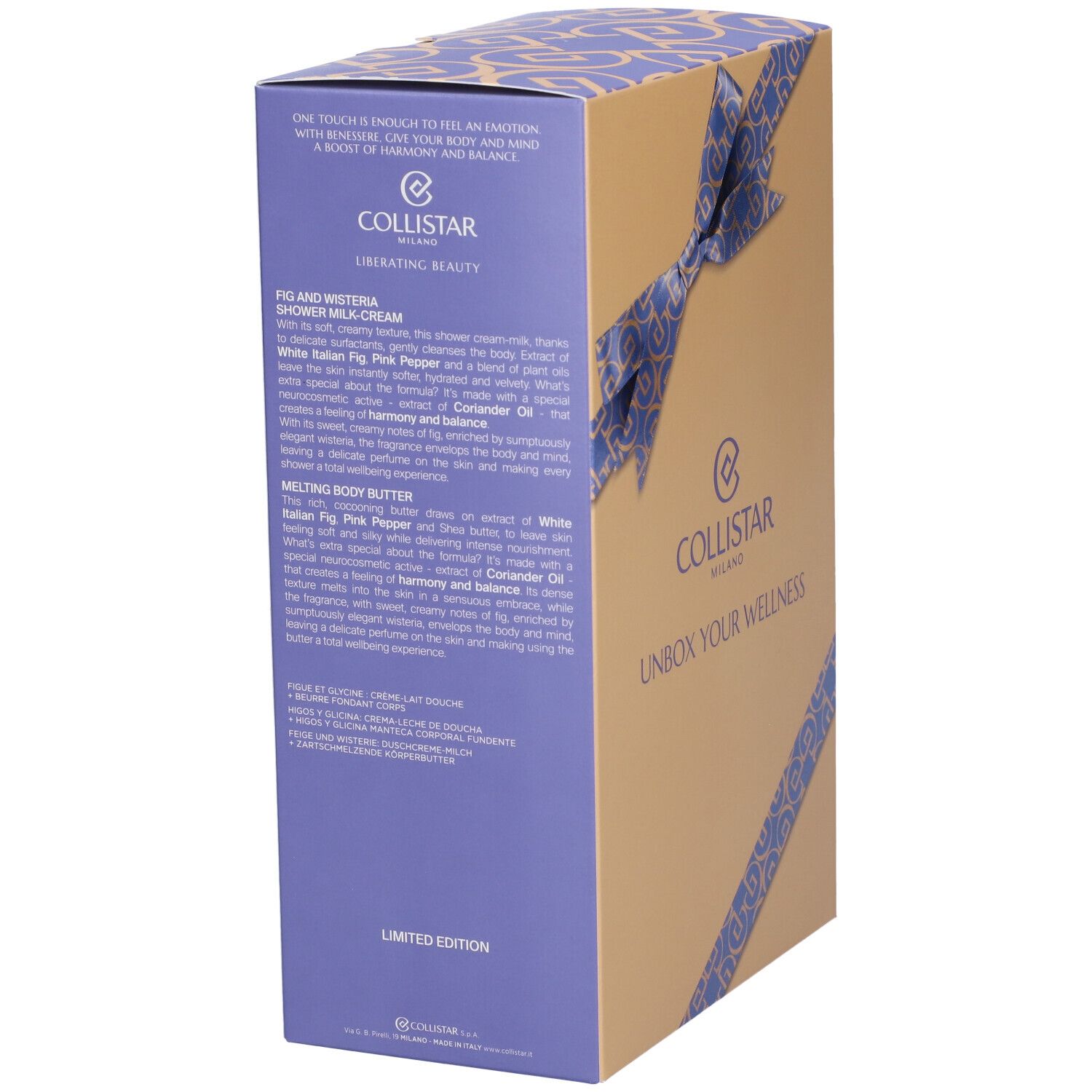 Confezione regalo con descrizioni dei prodotti. Marchio Collistar. Testo: Unbox Your Wellness. Design beige e blu.