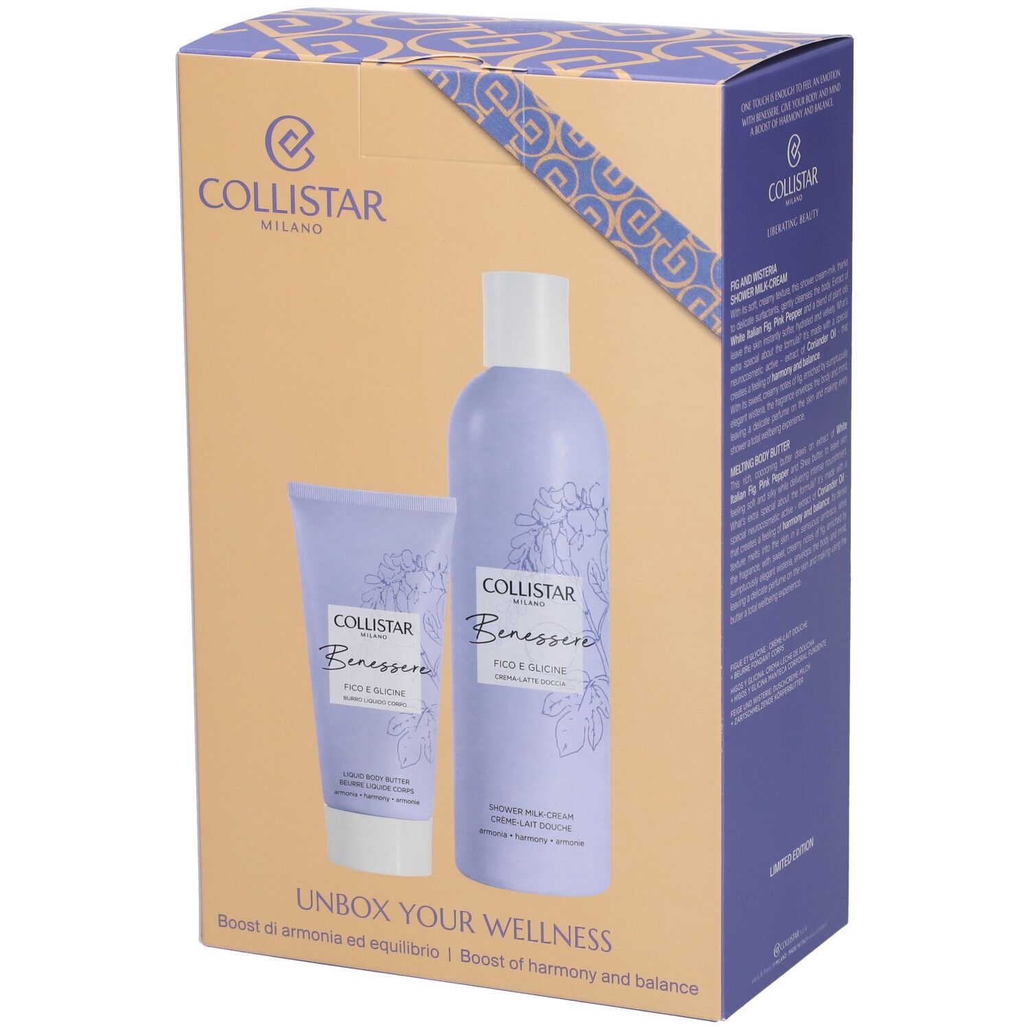 Set regalo con due prodotti. Marchio Collistar. Prodotti: latte doccia e burro corpo. Design viola e bianco.