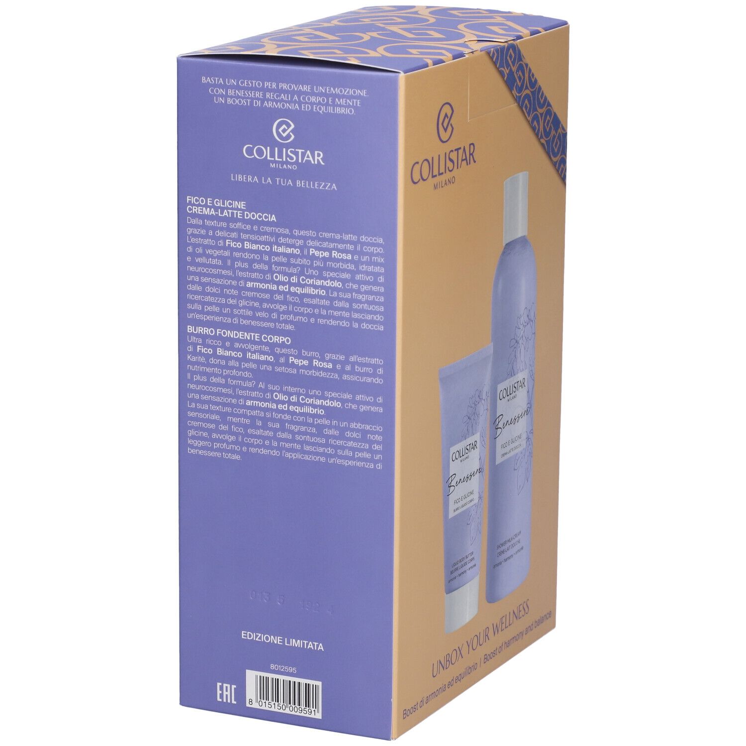 Confezione regalo con prodotti e testo. Marchio Collistar. Prodotti: latte doccia e burro corpo. Design viola e bianco.