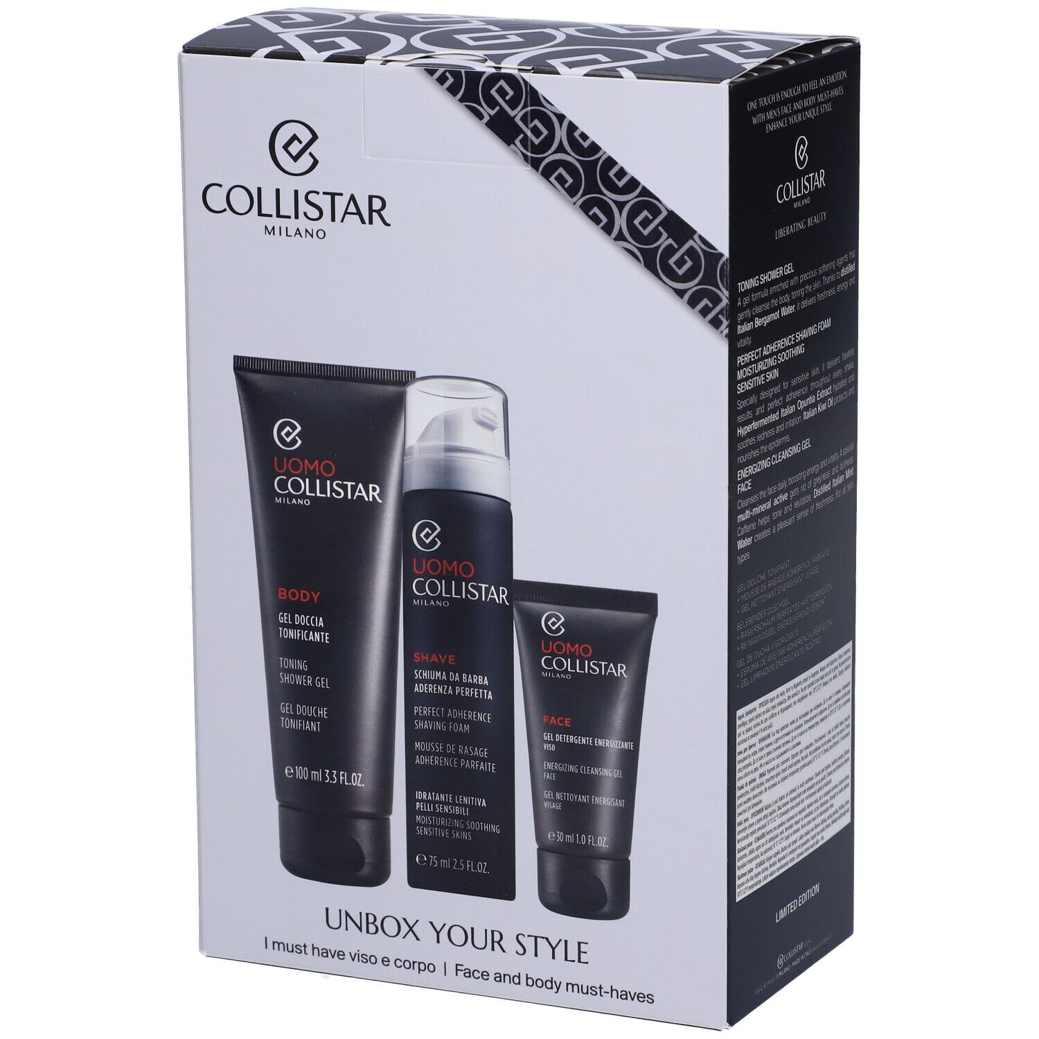 Set regalo con tre prodotti neri. Contiene prodotti 'COLLISTAR': gel doccia, schiuma da barba e gel detergente viso.