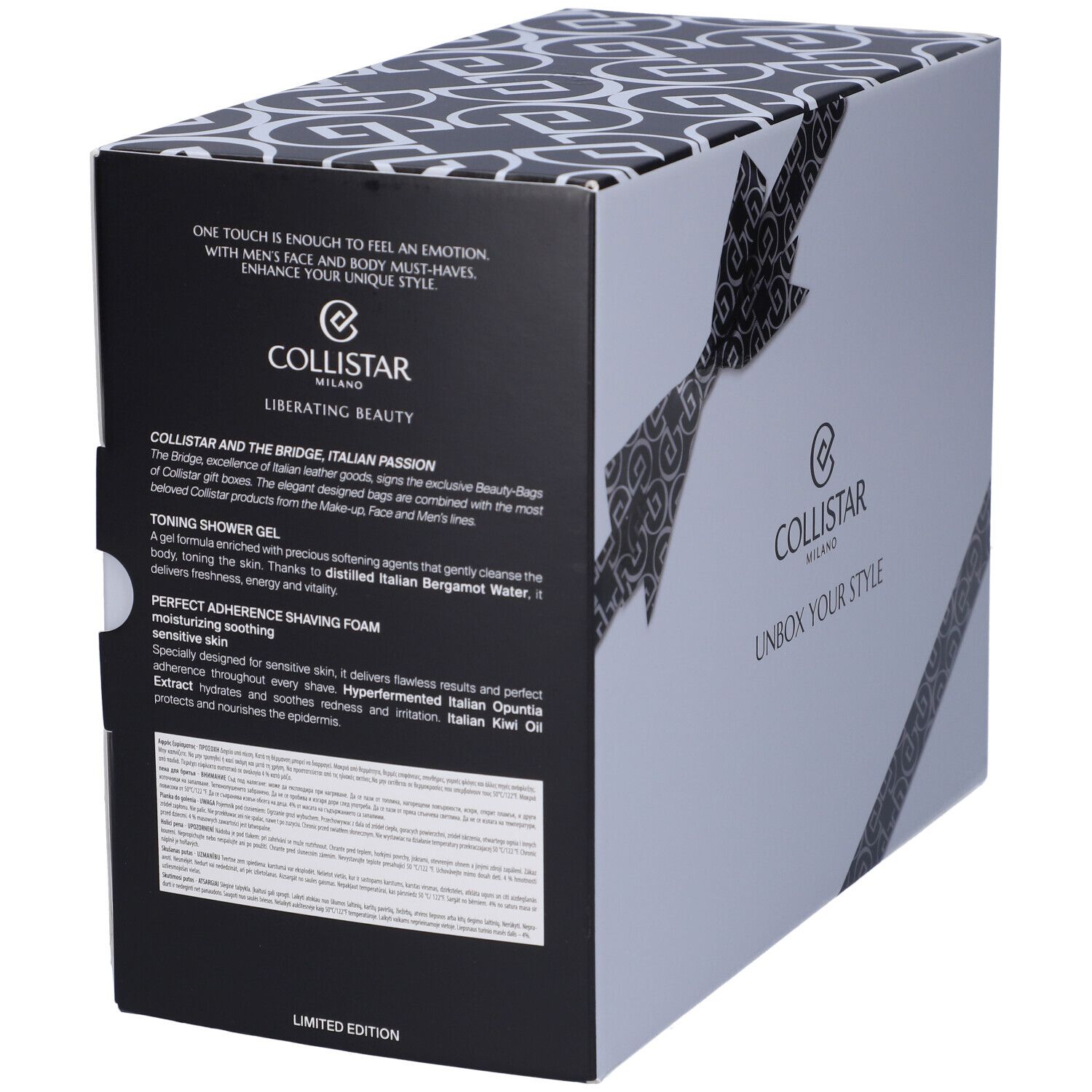 Scatola con testo e logo Collistar Milano. Contiene testo sul prodotto e il marchio.