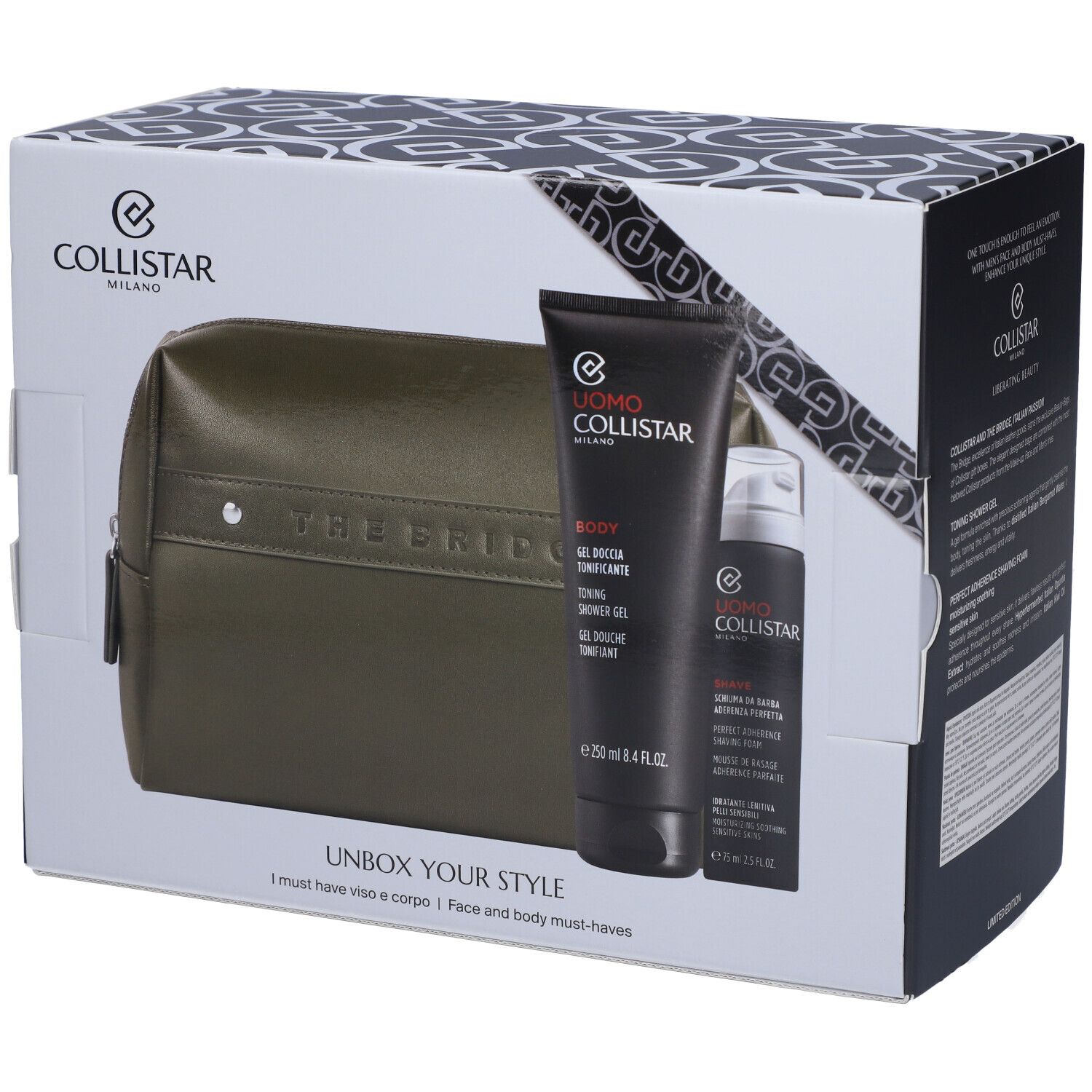 Scatola con prodotti: beauty case verde, gel doccia e crema da barba. Logo Collistar Milano.