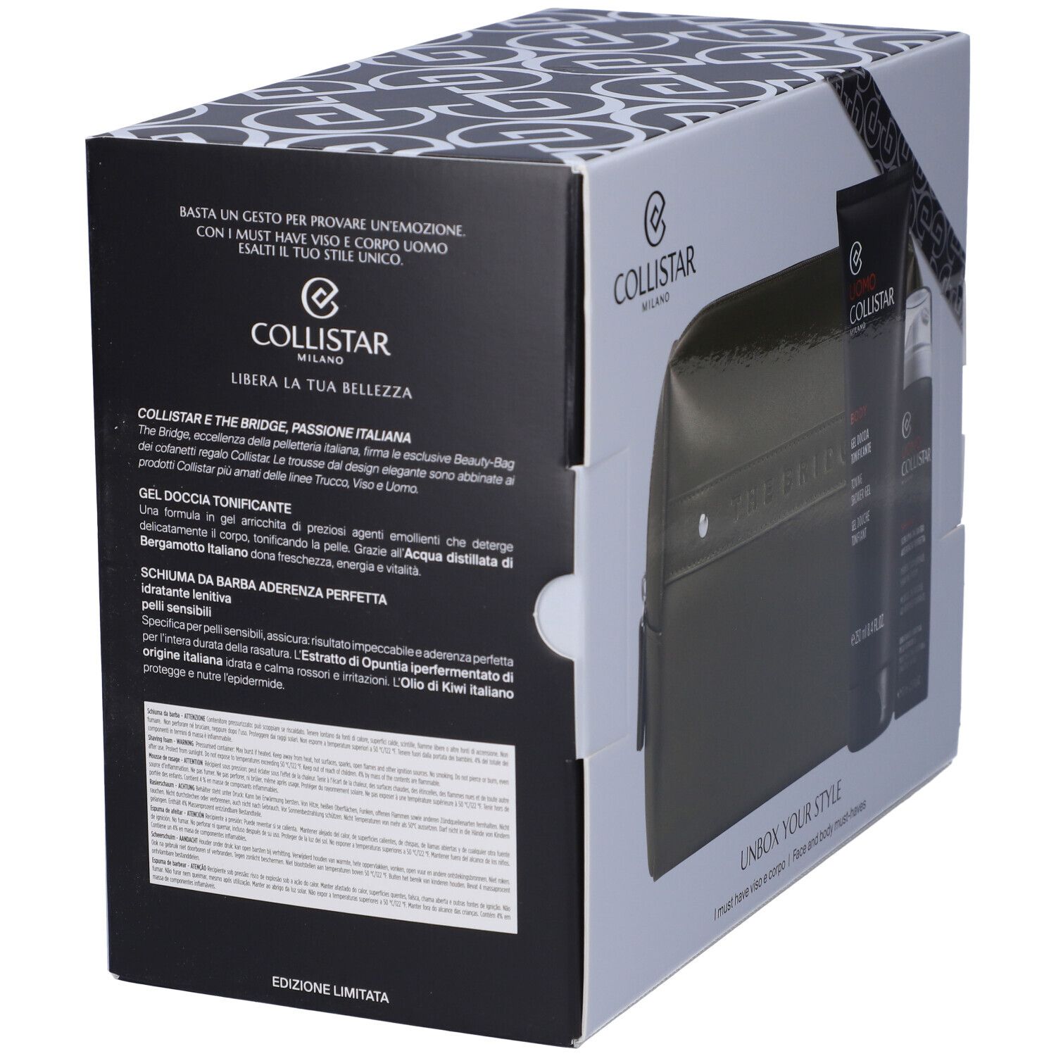 Scatola con prodotti: beauty case, gel doccia e crema da barba. Testo e logo Collistar Milano.