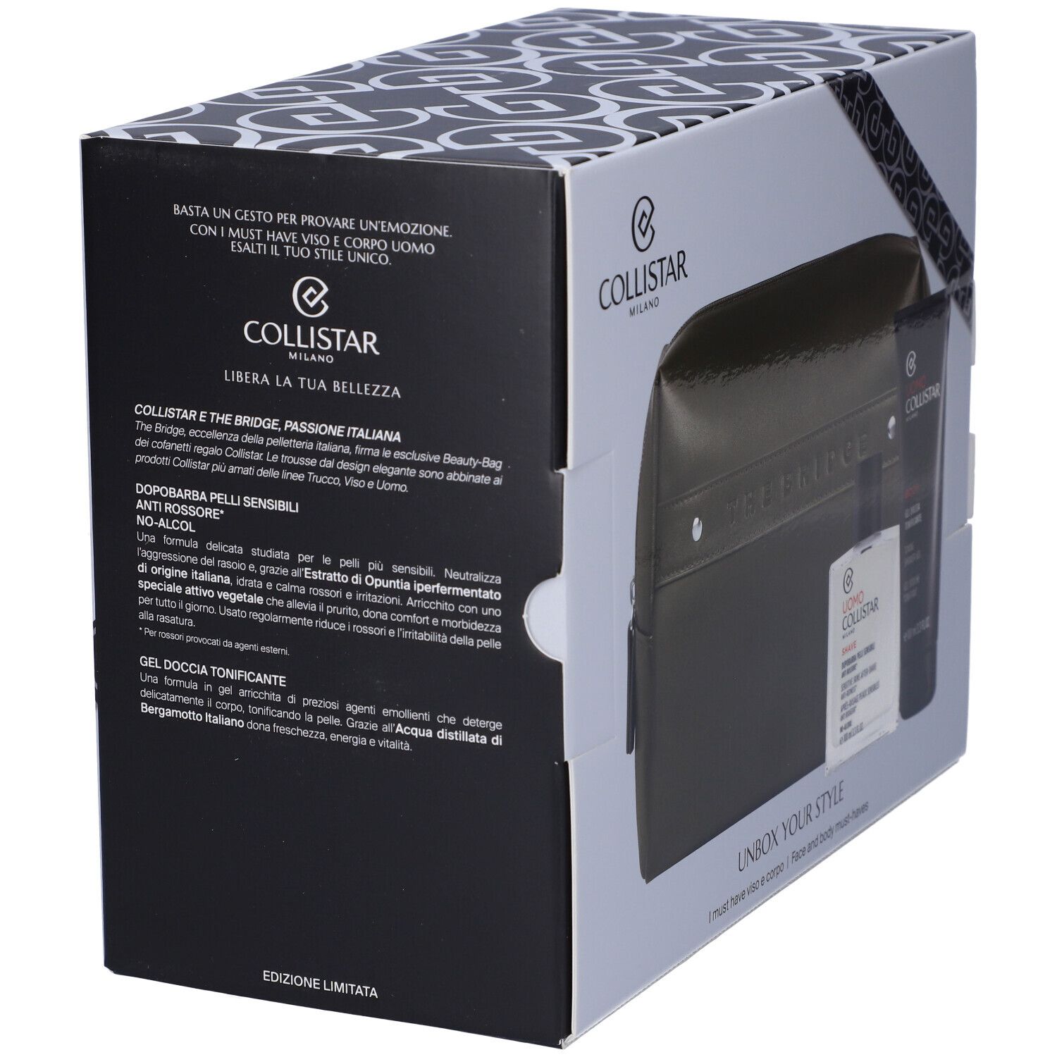 Scatola regalo con testo e prodotti. Scatola nera con testo. Prodotti: trousse, flacone, tubo. Testo: Collistar, THE BRIDGE, Unbox Your Style.