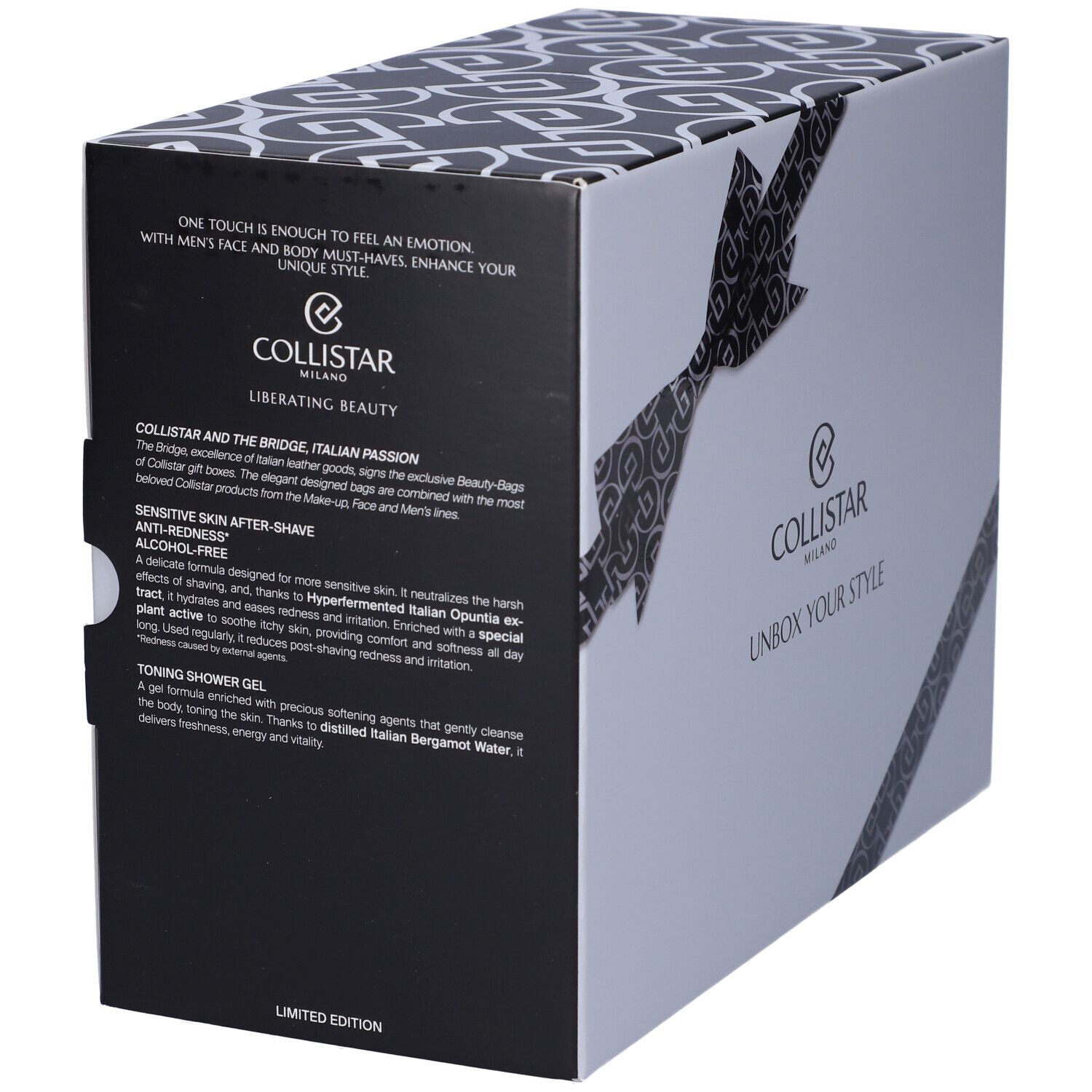 Scatola regalo con testo e prodotti. Scatola nera con testo. Prodotti: trousse, flacone, tubo. Testo: Collistar, THE BRIDGE, Unbox Your Style.