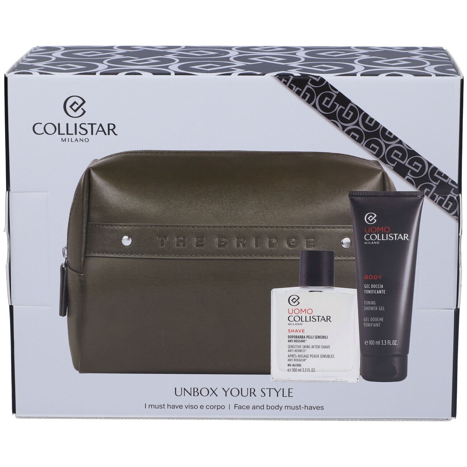 Cofanetto regalo con trousse, gel doccia e dopobarba. Tubo nero, flacone bianco, trousse verde. Testo: Collistar, THE BRIDGE, Unbox Your Style.