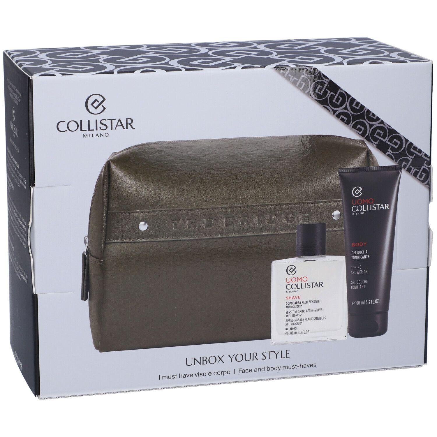 Cofanetto regalo con trousse, gel doccia e dopobarba. Tubo nero, flacone bianco, trousse verde. Testo: Collistar, THE BRIDGE, Unbox Your Style.