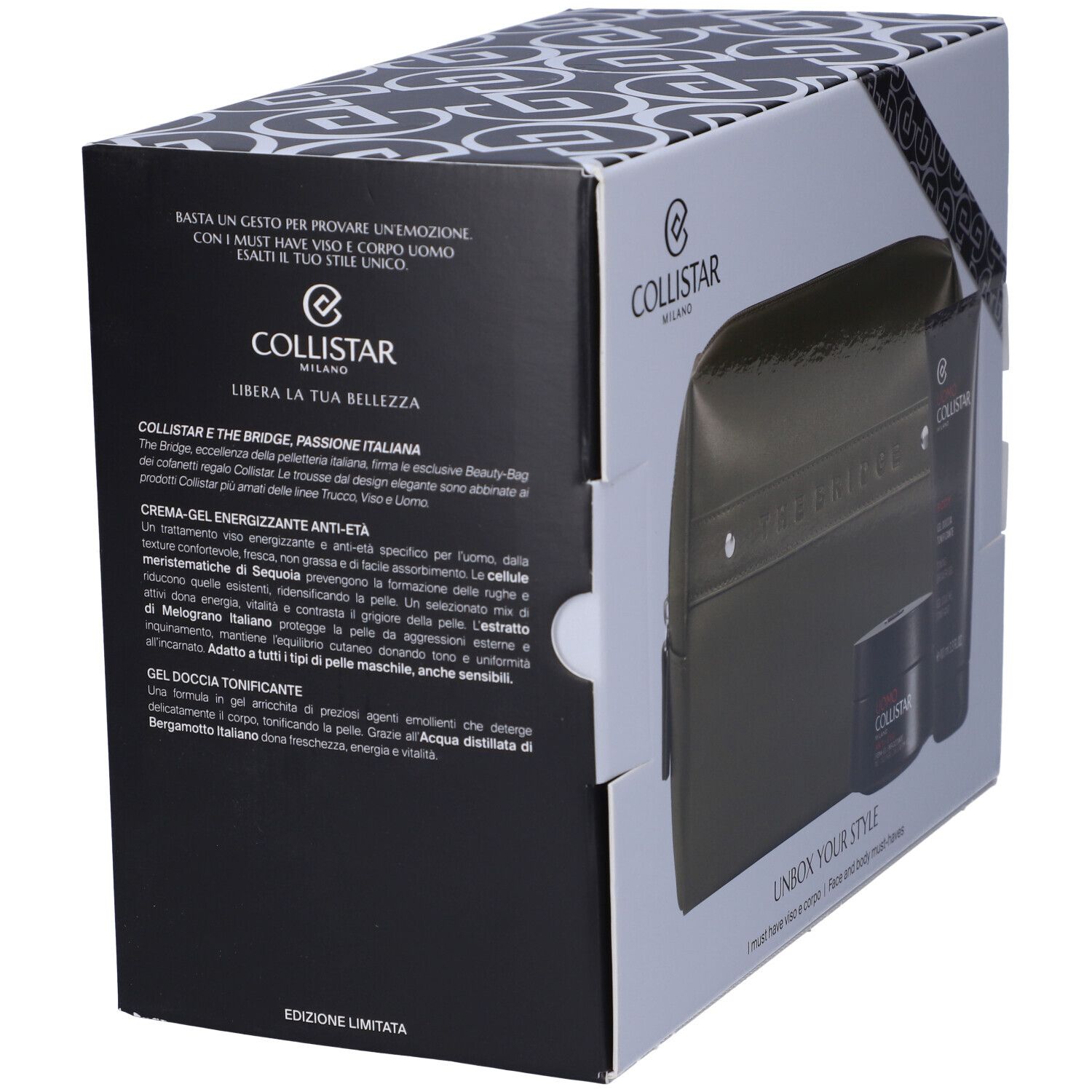 Scatola regalo con prodotti cosmetici. Contiene crema-gel, gel doccia e pochette verde. Testo: Collistar, THE BRIDGE, Unbox Your Style. Edizione limitata.