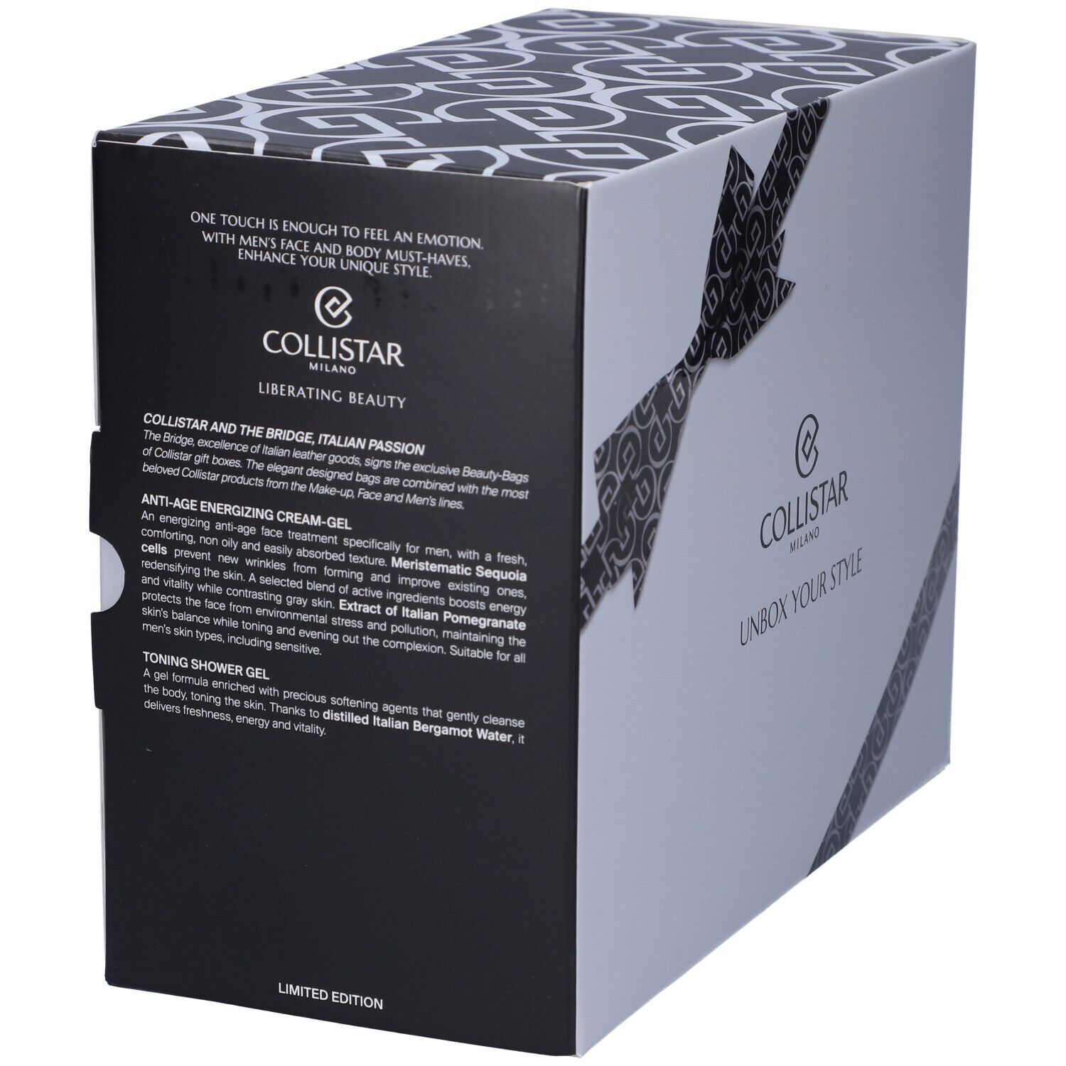Scatola regalo con prodotti cosmetici. Contiene crema-gel, gel doccia e pochette verde. Testo: Collistar, Unbox Your Style. Edizione limitata.