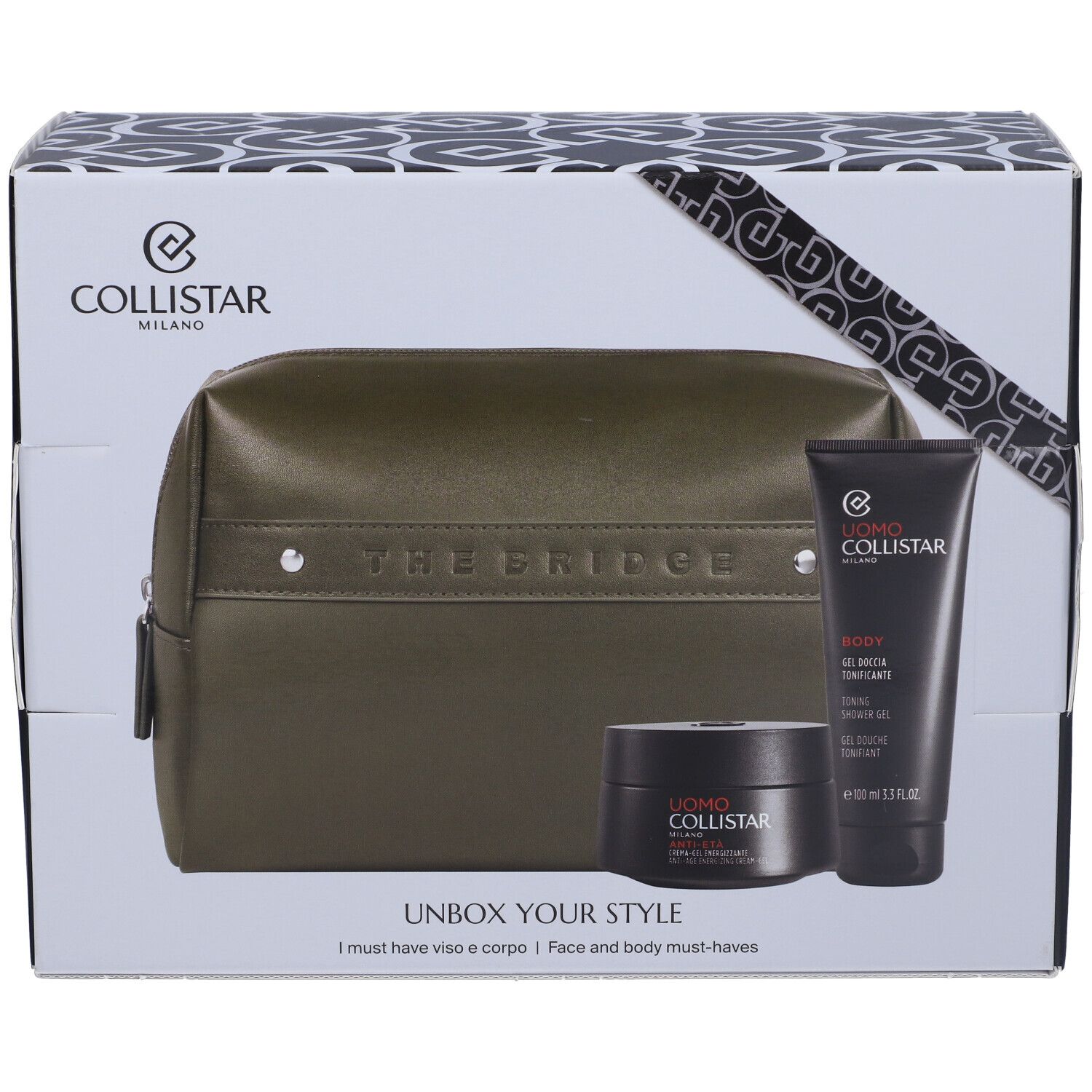 Set regalo con prodotti cosmetici e pochette. Contiene crema-gel, gel doccia e pochette verde THE BRIDGE. Confezione con logo Collistar.