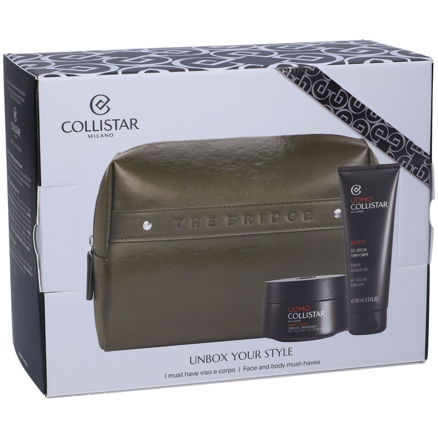 Set regalo con prodotti cosmetici e pochette. Contiene crema-gel, gel doccia e pochette verde THE BRIDGE. Confezione con logo Collistar.