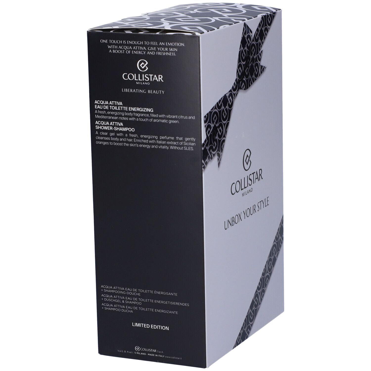Confezione regalo con testo. Scritta: Collistar Milano, Unbox Your Style.
