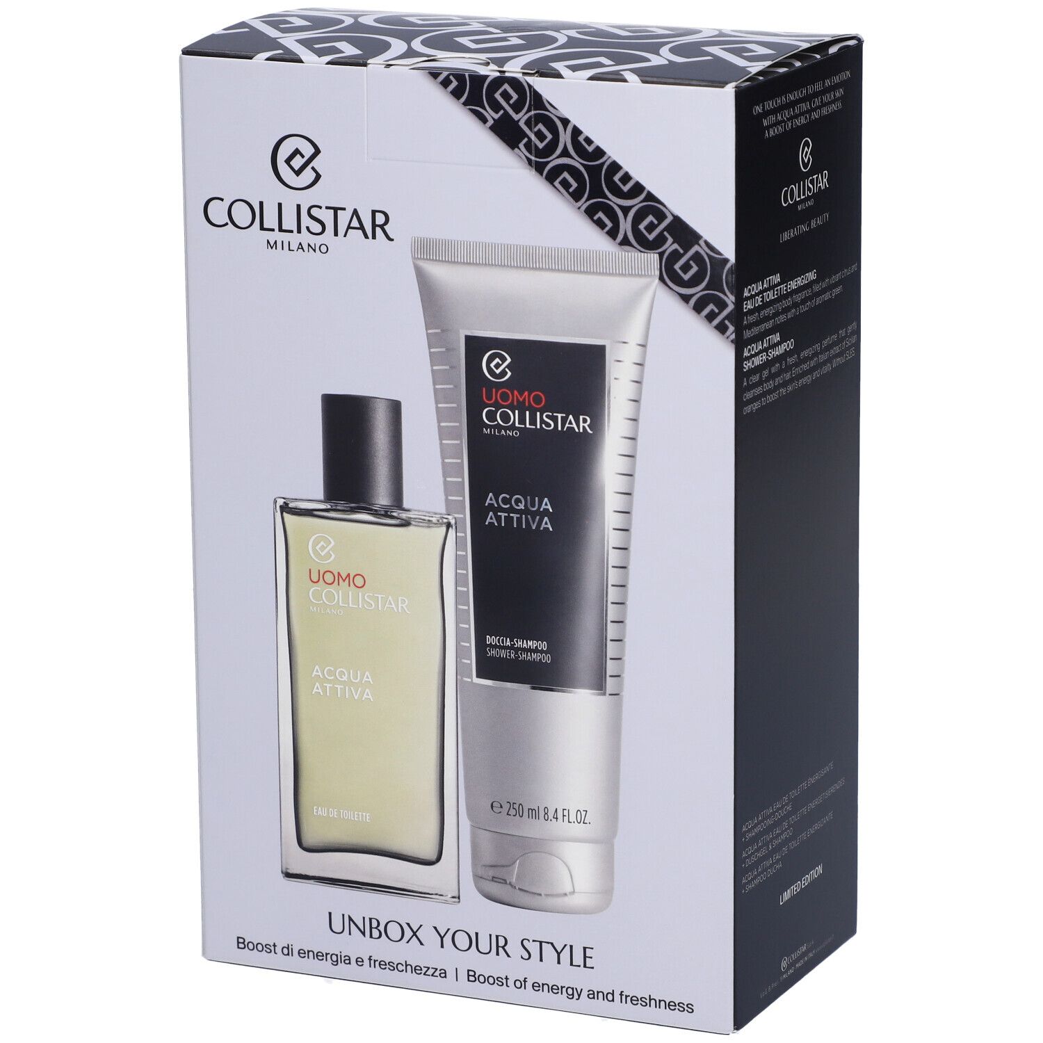 Set regalo con eau de toilette e bagnoschiuma. Scritta: Uomo Collistar, Acqua Attiva.