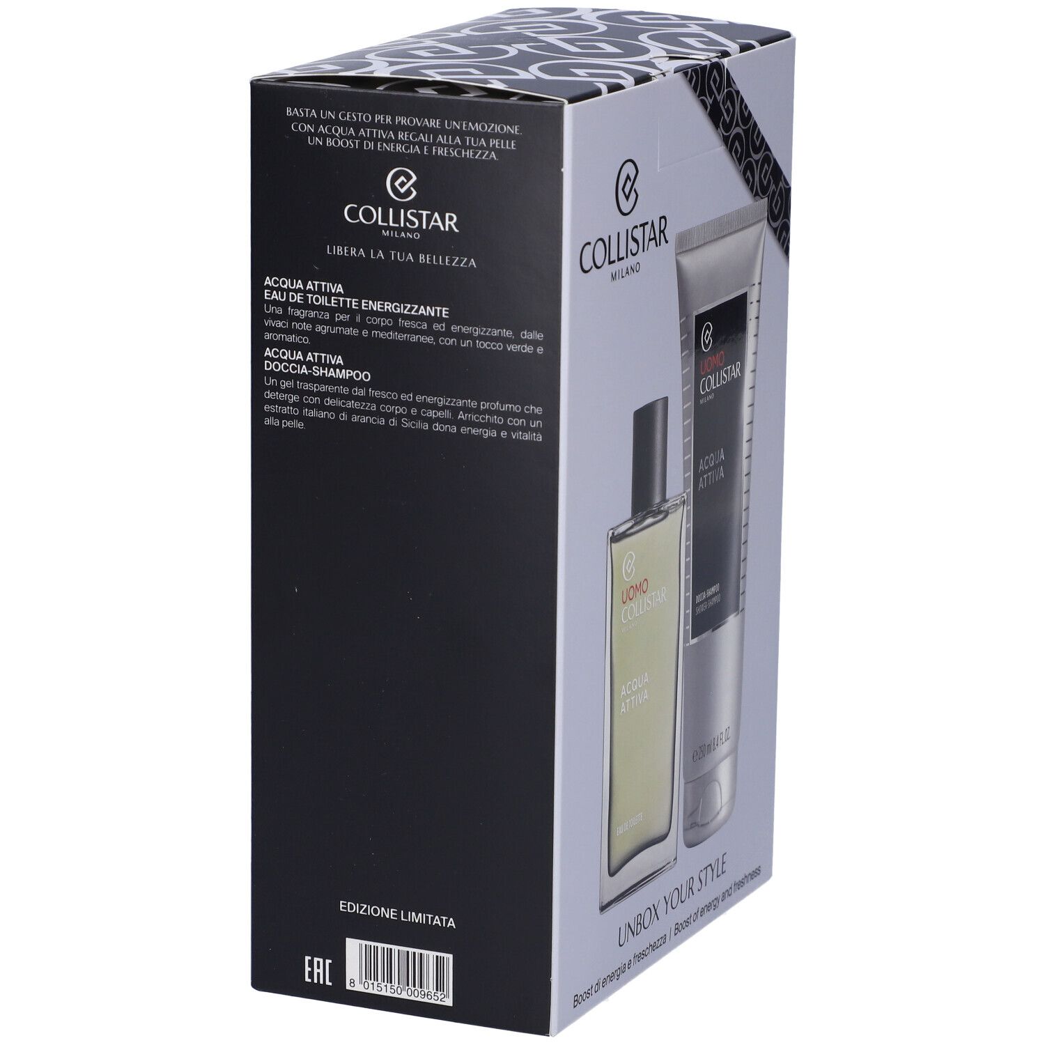 Set regalo con eau de toilette e bagnoschiuma. Scritta: Collistar, Acqua Attiva.