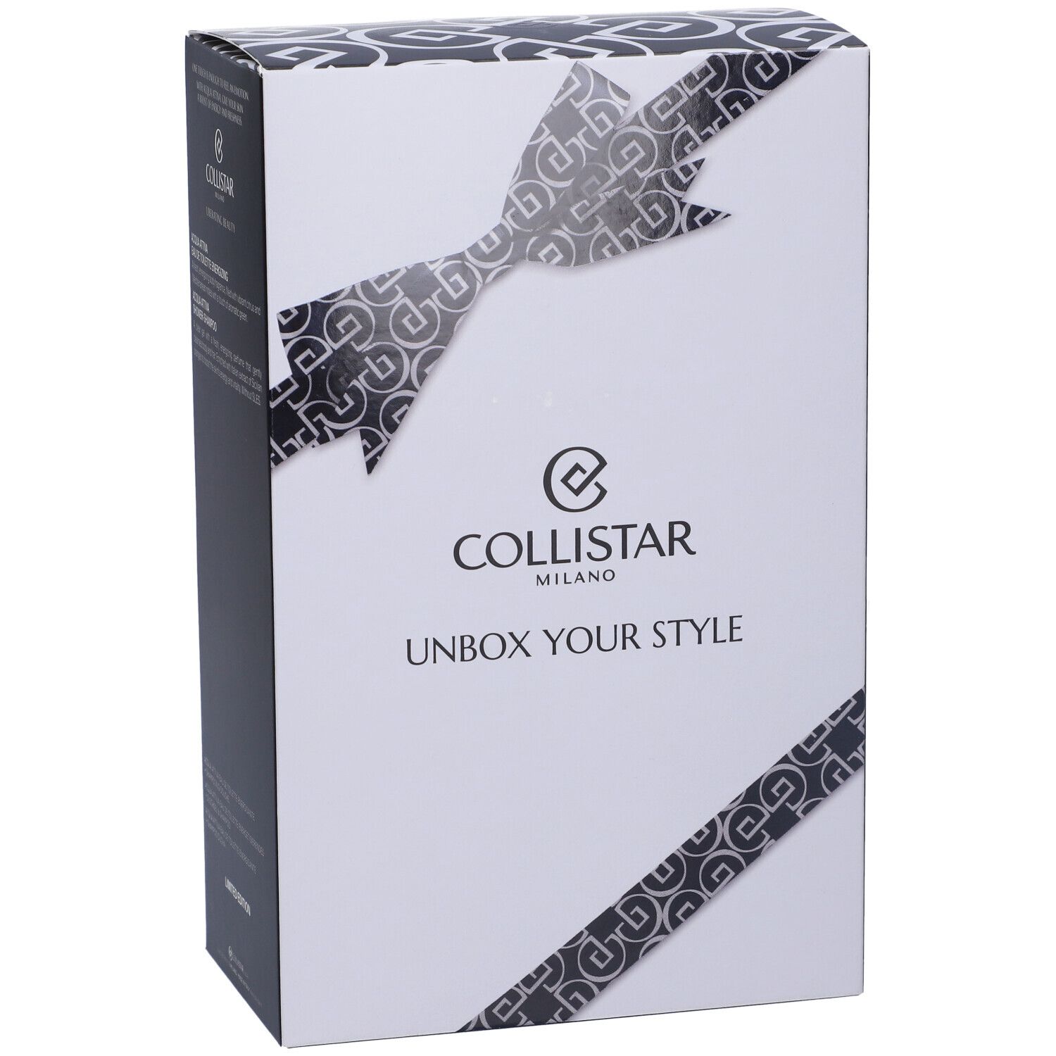 Confezione regalo con fiocco. Scritta: Collistar Milano, Unbox Your Style.