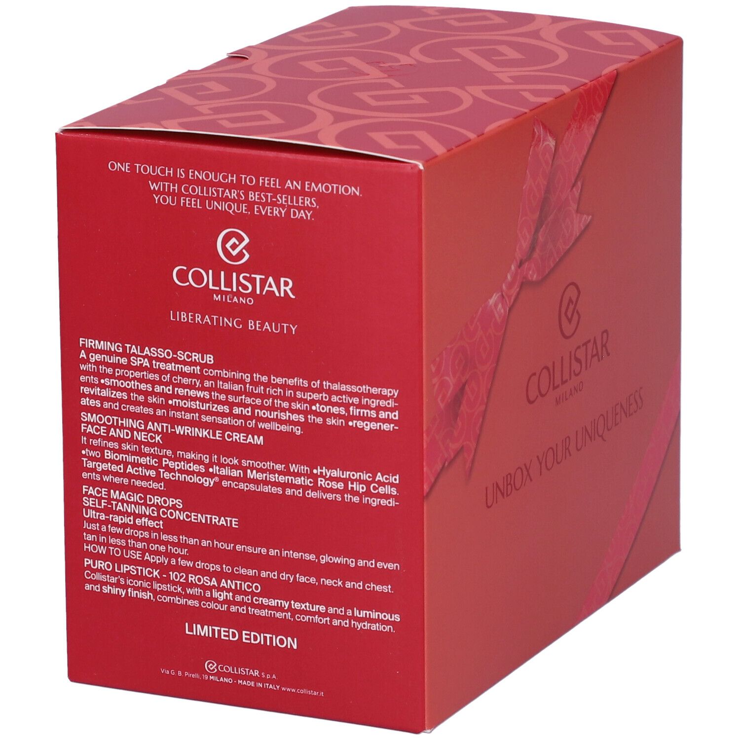 Scatola regalo rossa con testo e logo. Testo: "Collistar Milano", "Liberating Beauty", descrizioni prodotti.