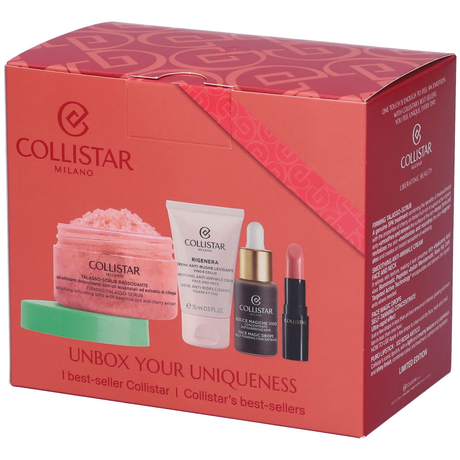 Scatola regalo rossa con prodotti. Contiene: scrub, crema, gocce, rossetto. Logo: Collistar Milano.