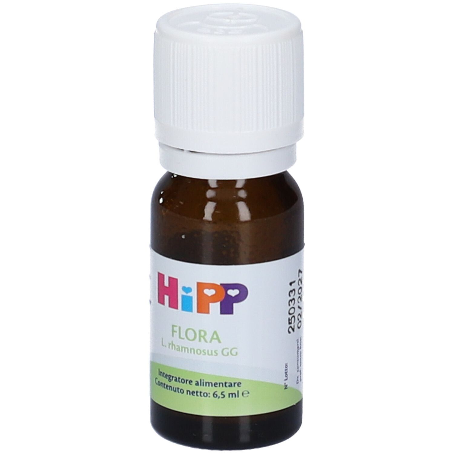 Flacone di vetro marrone con tappo bianco. Etichetta con logo HiPP e nome prodotto FLORA. Contenuto: 6,5 ml.
