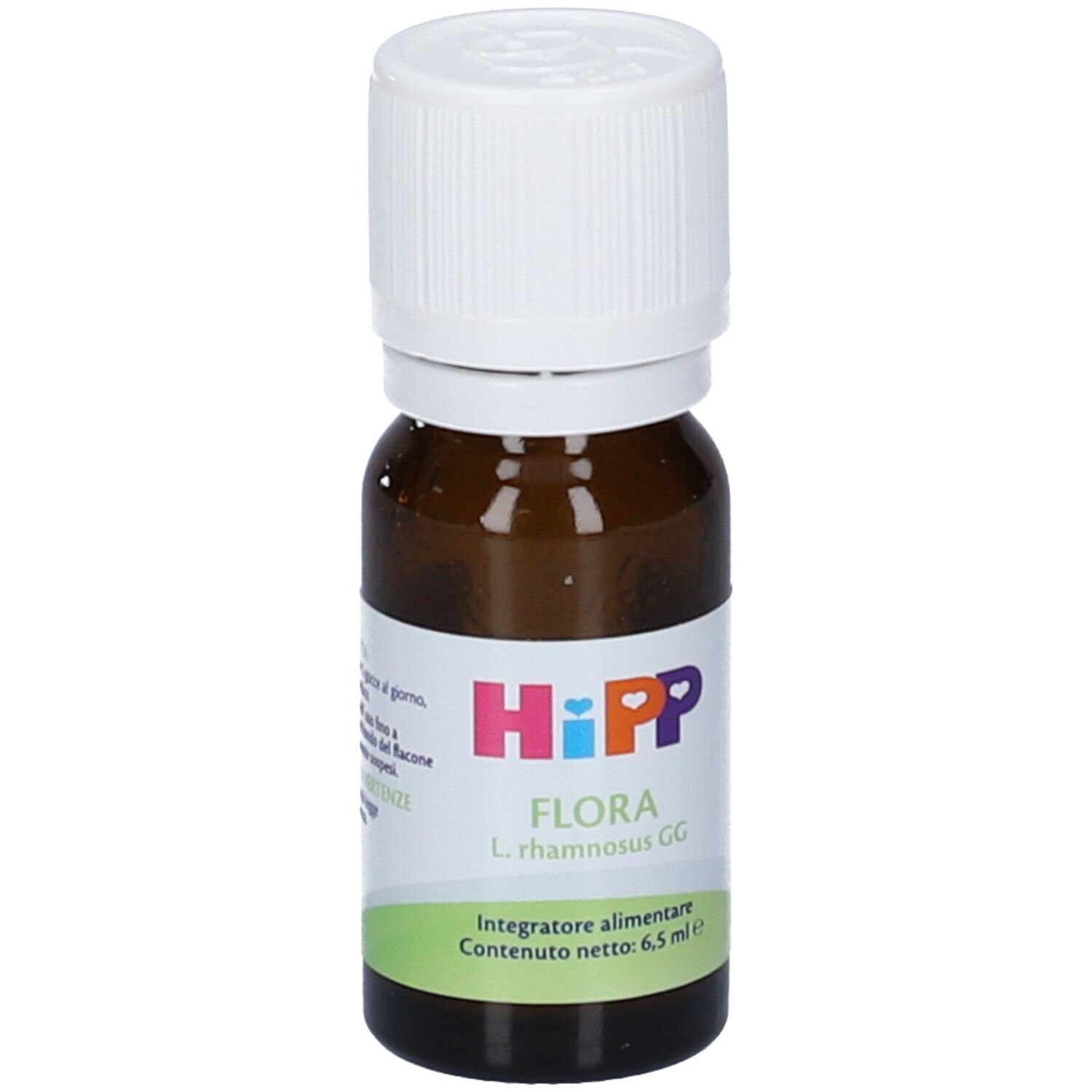 Flacone di vetro marrone con tappo bianco. Etichetta con logo HiPP e nome prodotto FLORA. Contenuto: 6,5 ml.