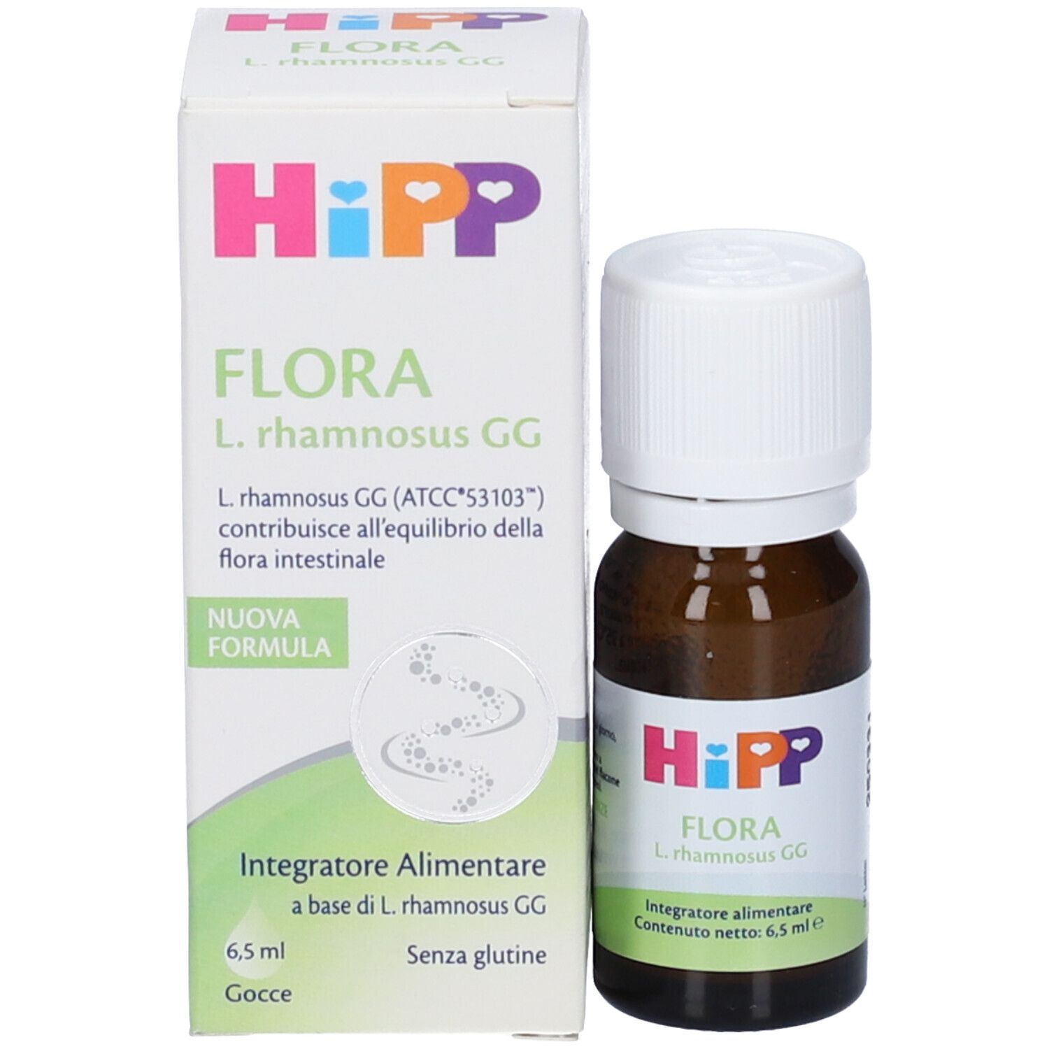 Confezione e flacone del prodotto. Confezione con logo HiPP e nome prodotto FLORA. Flacone da 6,5 ml.
