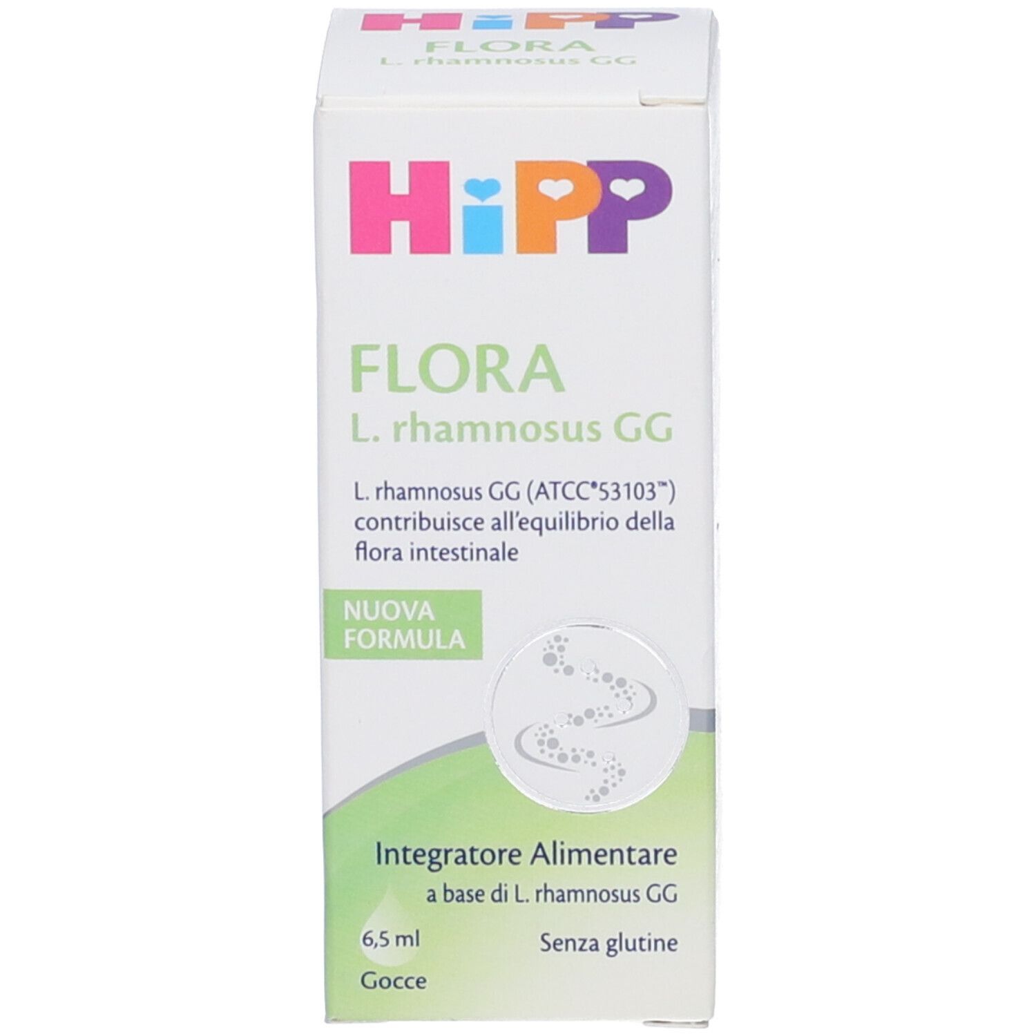 Confezione del prodotto. Confezione con logo HiPP e nome prodotto FLORA. Testo in italiano.